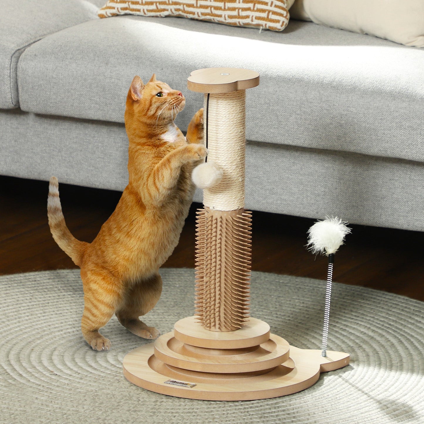Cat Scratching Post, 49cm Cat Scratcher with Sisal Post, Interactive Track Ball Toy, Self Grooming Brush, Hanging Toy Ball, Feather, 5 in 1 Small Kitten Cat Scratch post, Oak Tone