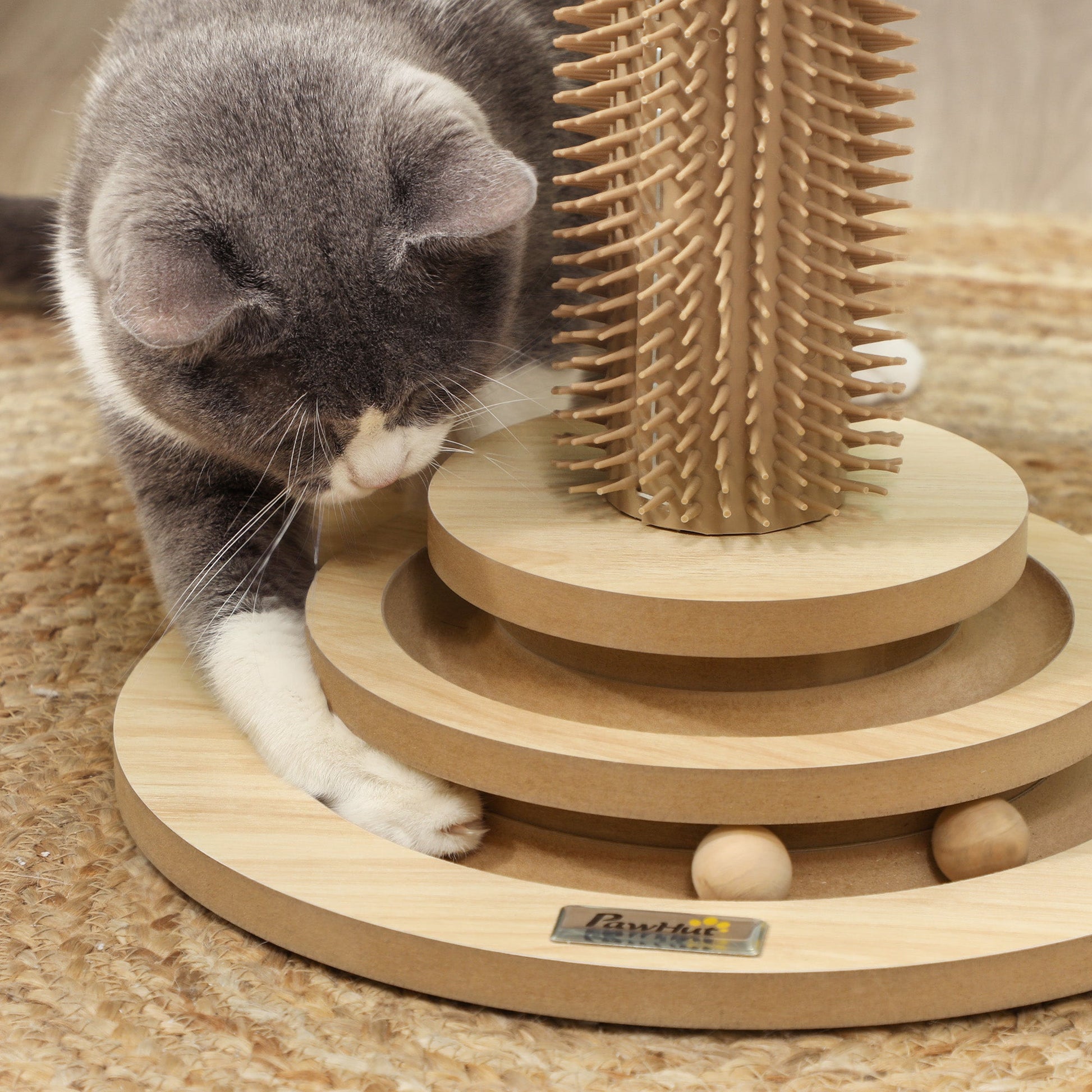 Cat Scratching Post, 49cm Cat Scratcher with Sisal Post, Interactive Track Ball Toy, Self Grooming Brush, Hanging Toy Ball, Feather, 5 in 1 Small Kitten Cat Scratch post, Oak Tone