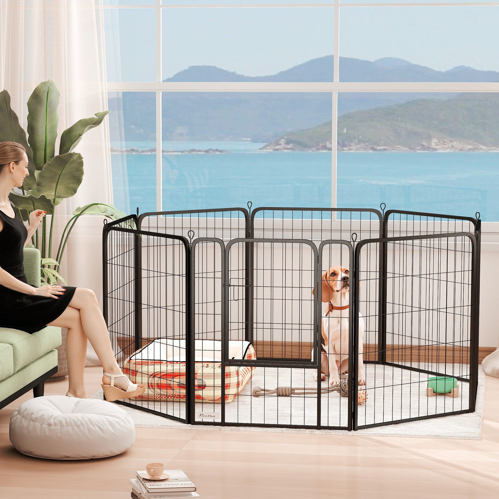 Dog Pen, 8 Panel Puppy Pen, Steel Dog Playpen, for Medium Breeds, 80cm Tall, Black