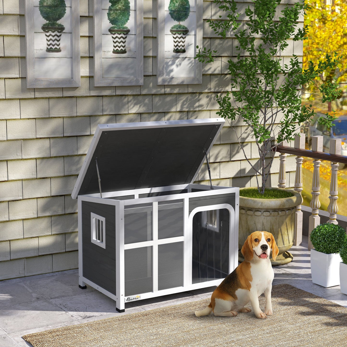 Outdoor Dog Kennel, Wooden Dog House Shelter with Asphalt Openable Top, Removable Floor, Clear Front Panel, Curtain, Windows, for Small, Medium Puppies, 90 x 62 x 71cm, Light Grey