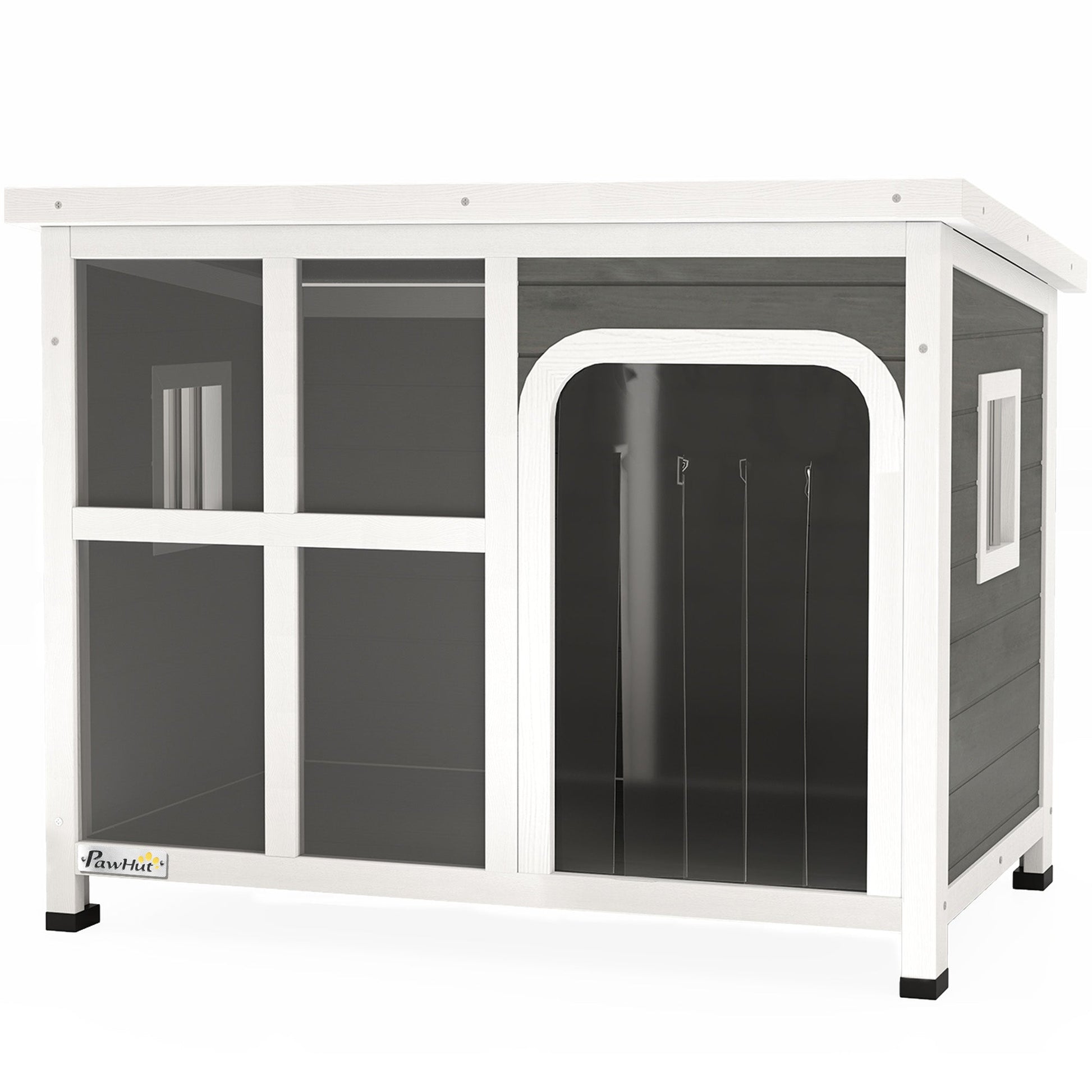 Outdoor Dog Kennel, Wooden Dog House Shelter with Asphalt Openable Top, Removable Floor, Clear Front Panel, Curtain, Windows, for Small, Medium Puppies, 90 x 62 x 71cm, Light Grey
