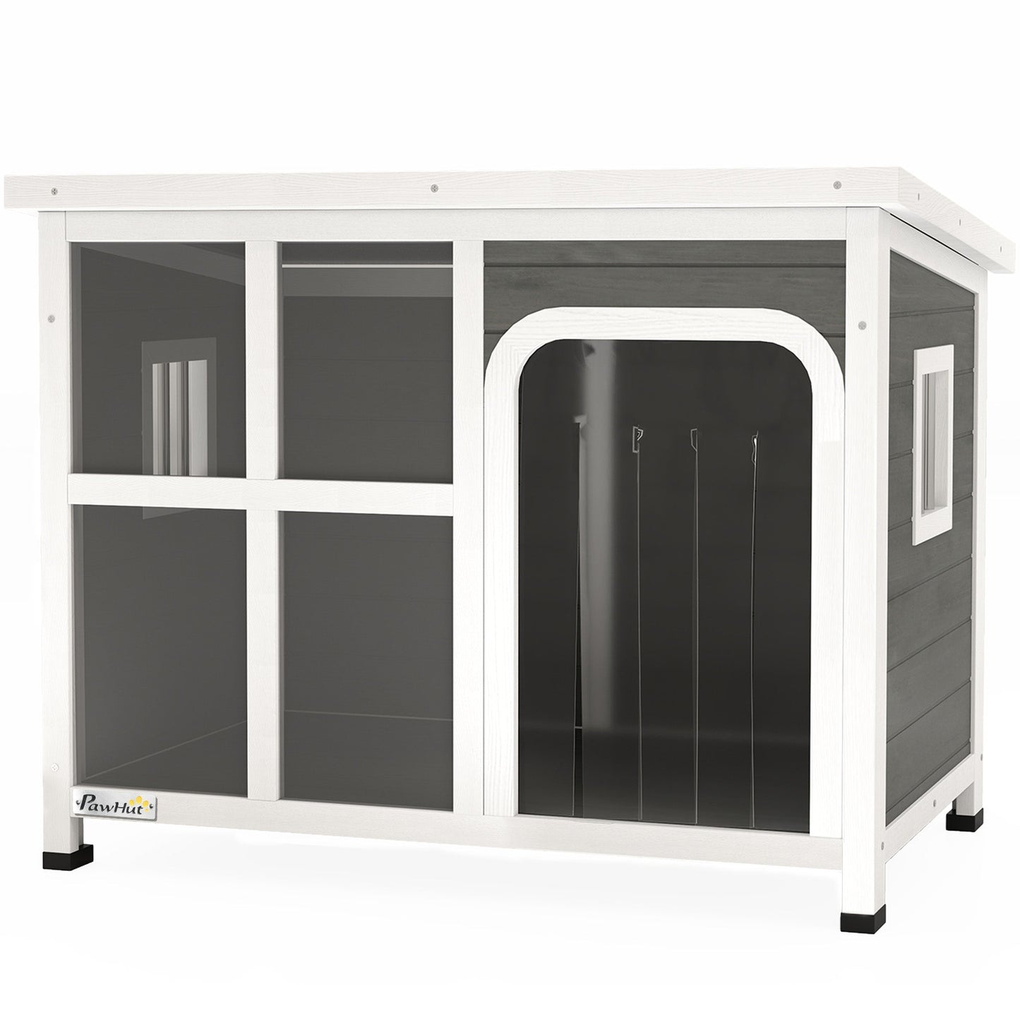 Outdoor Dog Kennel, Wooden Dog House Shelter with Asphalt Openable Top, Removable Floor, Clear Front Panel, Curtain, Windows, for Small, Medium Puppies, 90 x 62 x 71cm, Light Grey