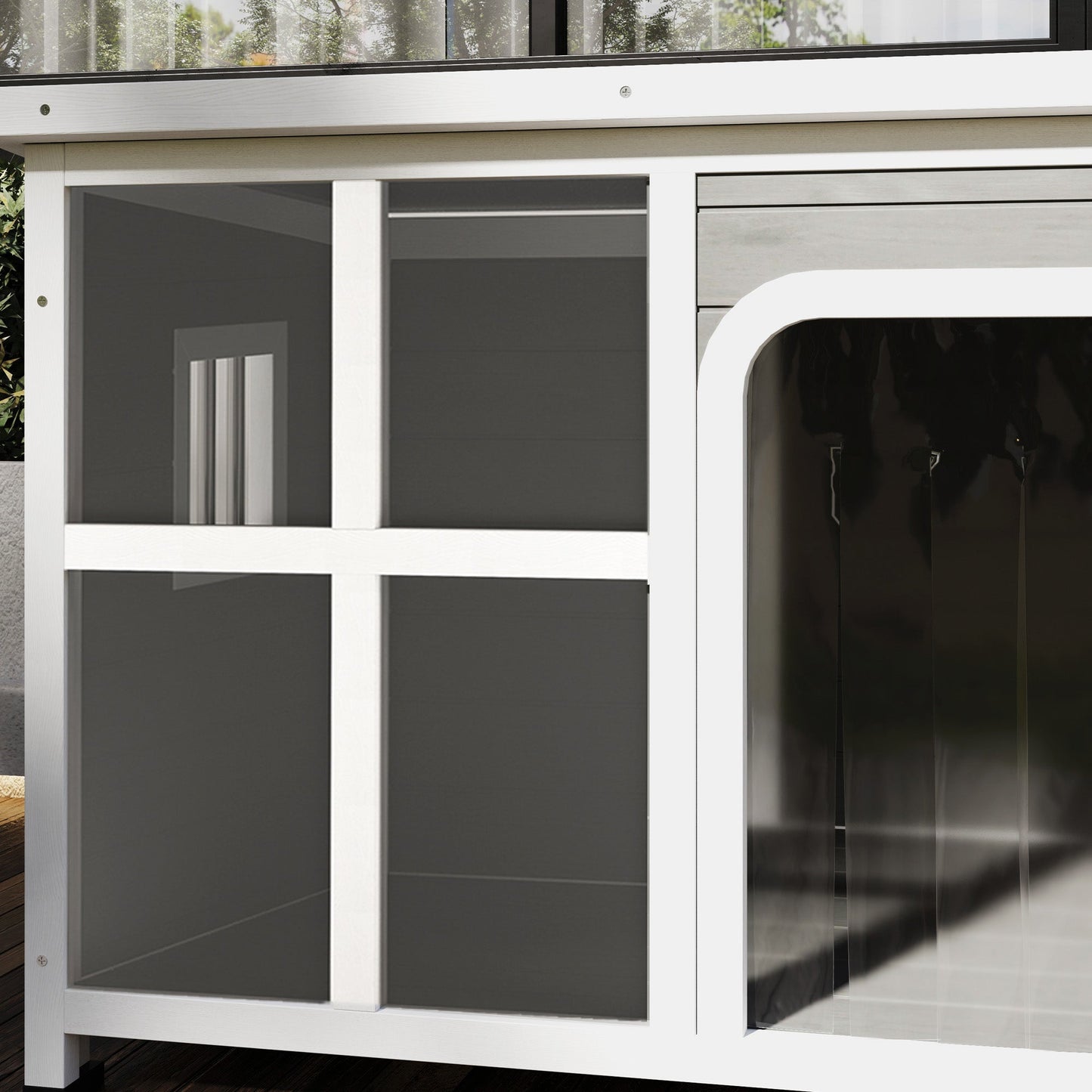 Outdoor Dog Kennel, Wooden Dog House Shelter with Asphalt Openable Top, Removable Floor, Clear Front Panel, Curtain, Windows, for Small, Medium Puppies, 90 x 62 x 71cm, Light Grey