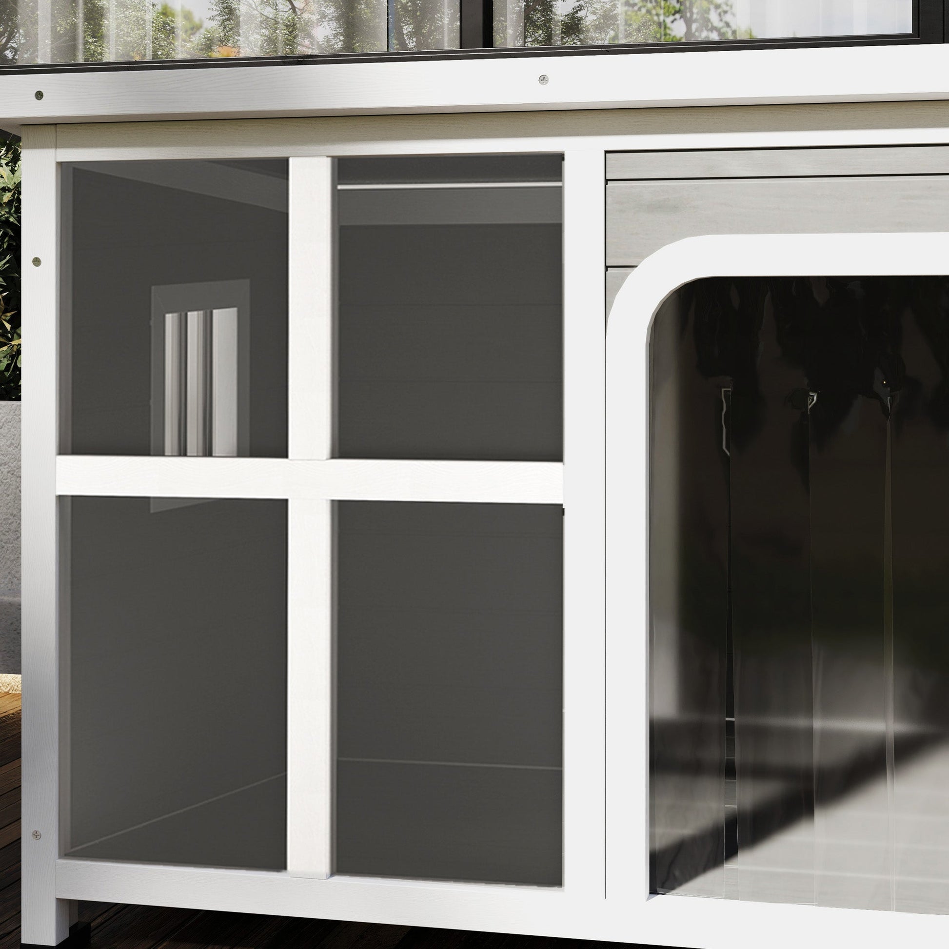 Outdoor Dog Kennel, Wooden Dog House Shelter with Asphalt Openable Top, Removable Floor, Clear Front Panel, Curtain, Windows, for Small, Medium Puppies, 90 x 62 x 71cm, Light Grey