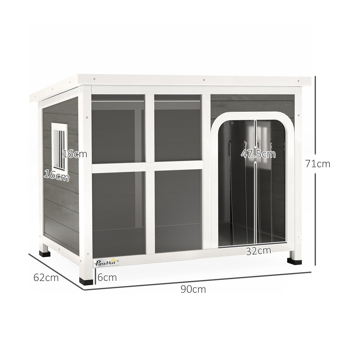 Outdoor Dog Kennel, Wooden Dog House Shelter with Asphalt Openable Top, Removable Floor, Clear Front Panel, Curtain, Windows, for Small, Medium Puppies, 90 x 62 x 71cm, Light Grey