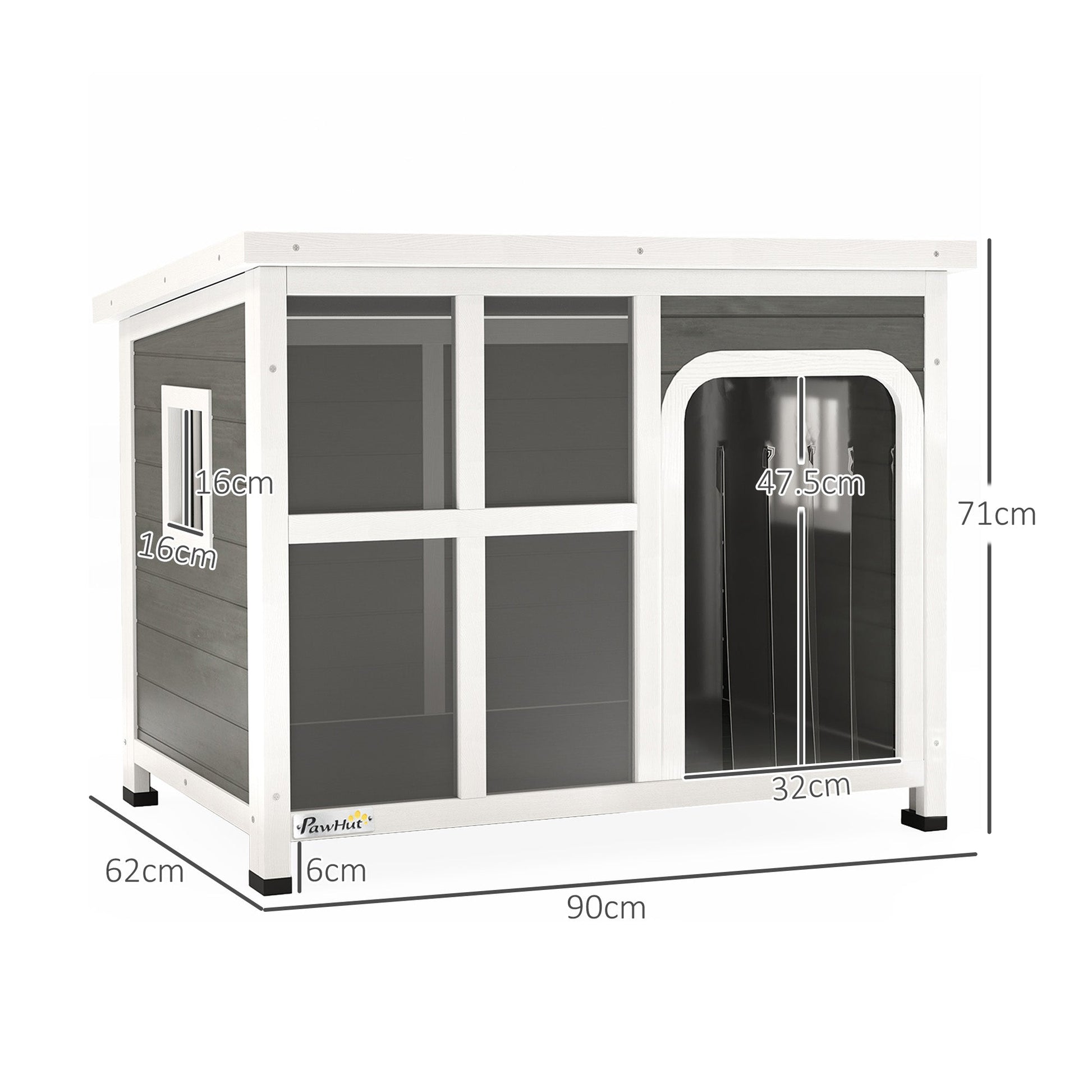 Outdoor Dog Kennel, Wooden Dog House Shelter with Asphalt Openable Top, Removable Floor, Clear Front Panel, Curtain, Windows, for Small, Medium Puppies, 90 x 62 x 71cm, Light Grey