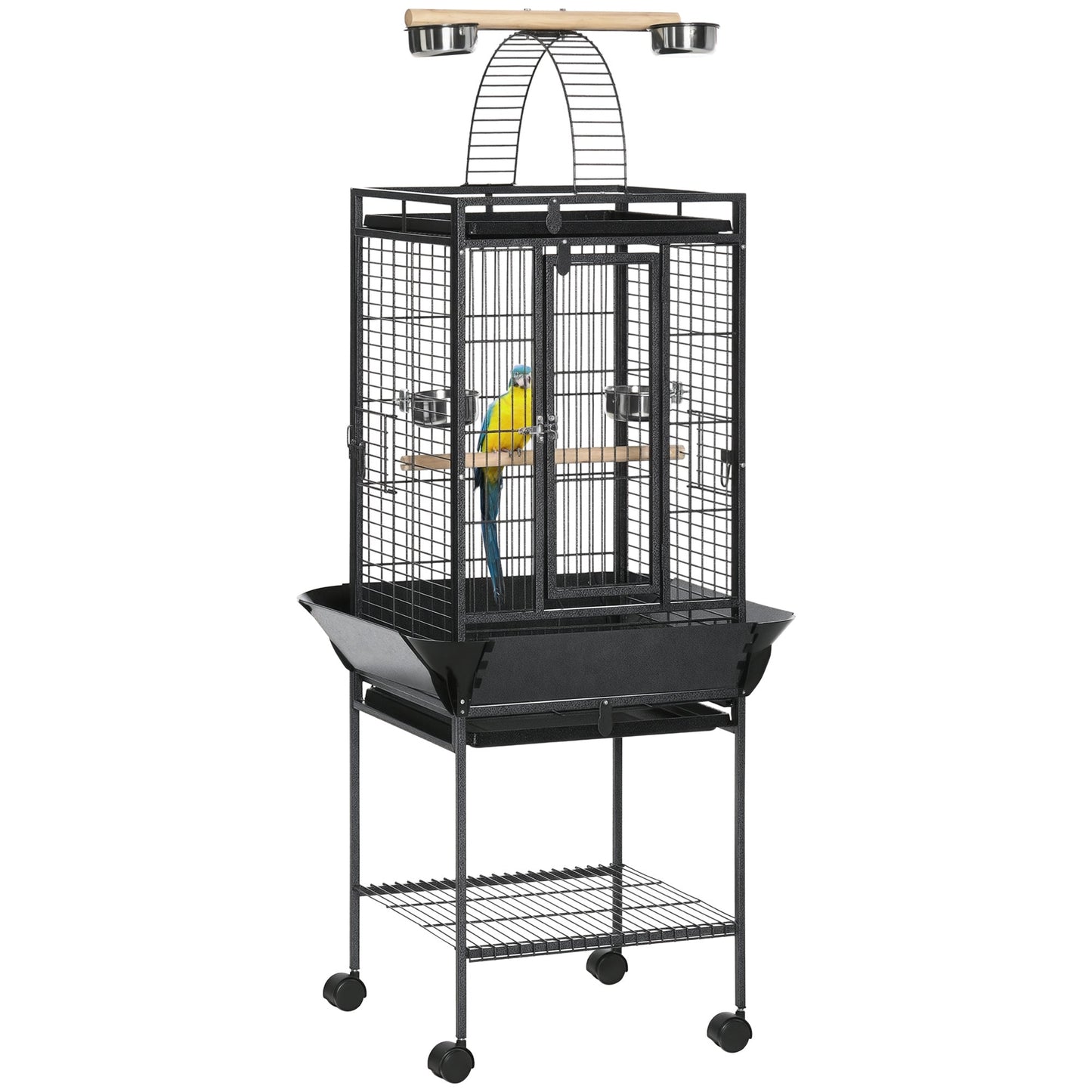 156cm Bird Cage,Large Parrot Cage with Open Play Top, Perch, Seed Guard, Wheels, Storage Shelf for Budgie, Cockatiel, Conure, Lovebird, Dark Grey
