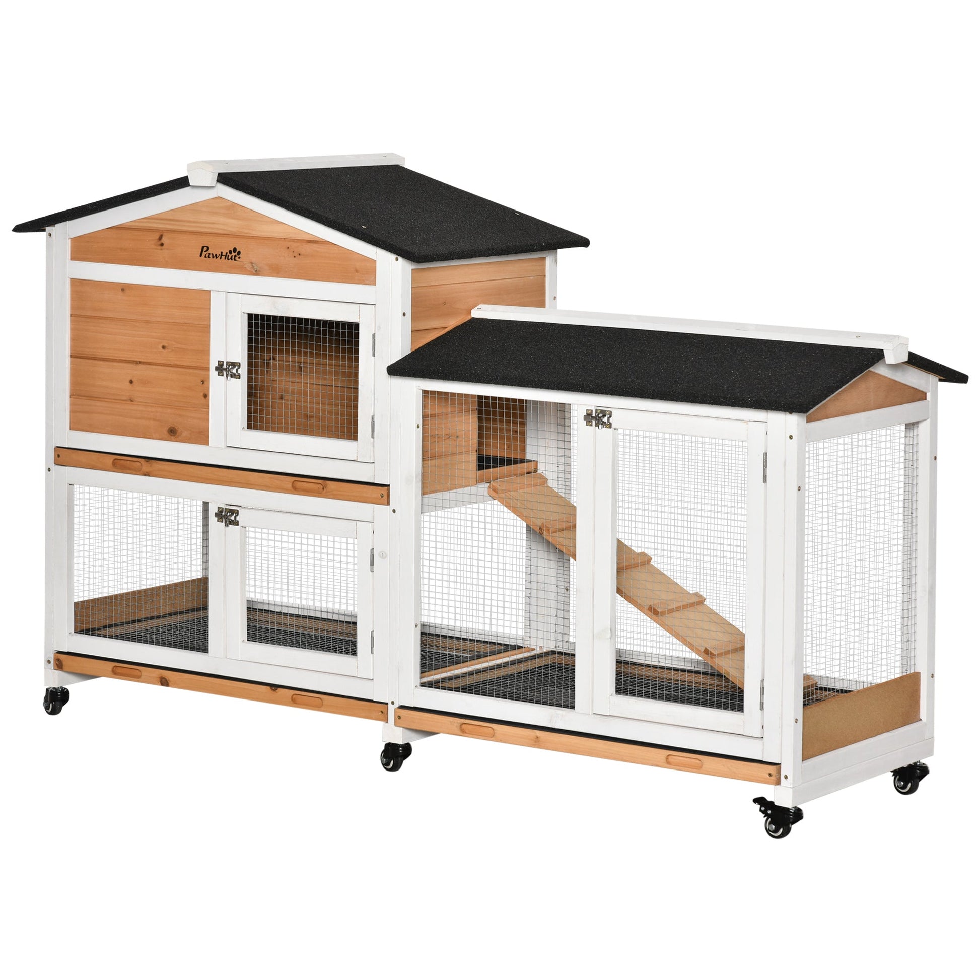 Rabbit Hutch Outdoor with Run Guinea Pig Hutch 2-Tier Bunny Cage w/ Wheels No-Leak Plastic Tray 157.4 x 53 x 99.5 cm - Yellow