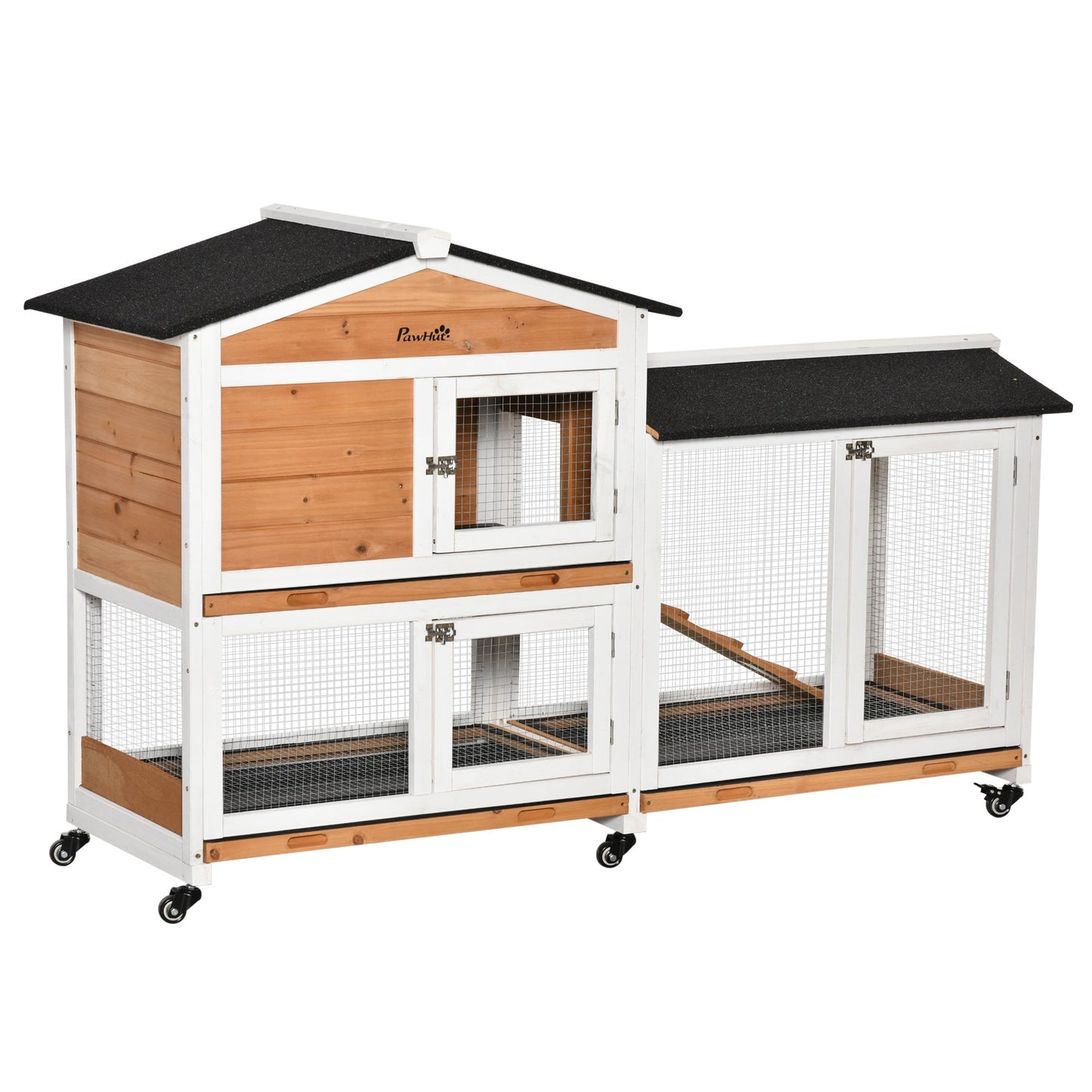 Rabbit Hutch Outdoor with Run Guinea Pig Hutch 2-Tier Bunny Cage w/ Wheels No-Leak Plastic Tray 157.4 x 53 x 99.5 cm - Yellow