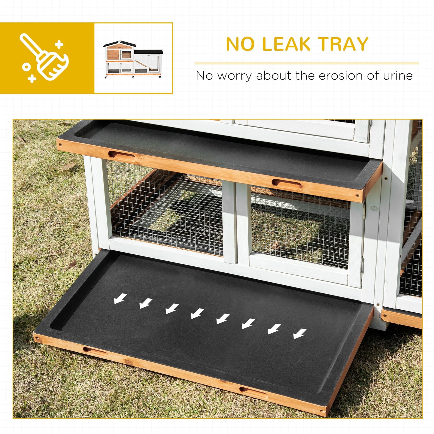 Rabbit Hutch Outdoor with Run Guinea Pig Hutch 2-Tier Bunny Cage w/ Wheels No-Leak Plastic Tray 157.4 x 53 x 99.5 cm - Yellow