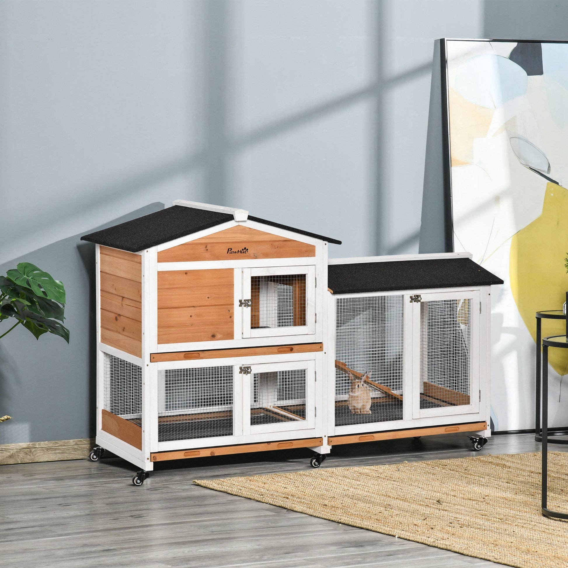 Rabbit Hutch Outdoor with Run Guinea Pig Hutch 2-Tier Bunny Cage w/ Wheels No-Leak Plastic Tray 157.4 x 53 x 99.5 cm - Yellow