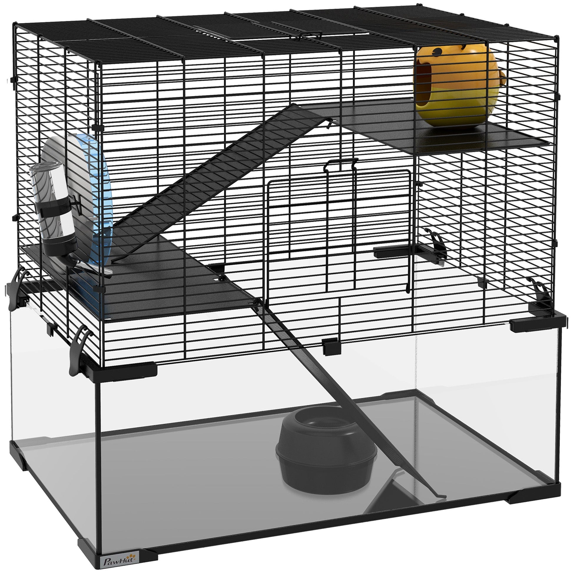3 Tiers Hamster Cage, Gerbil Cage with Deep Glass Bottom, Non-Slip Ramps, Platforms, Hut, Exercise Wheels, Water Bottle, Dish, for Syrian Hamster, Dwarf Hamster, 60 x 40 x 57cm
