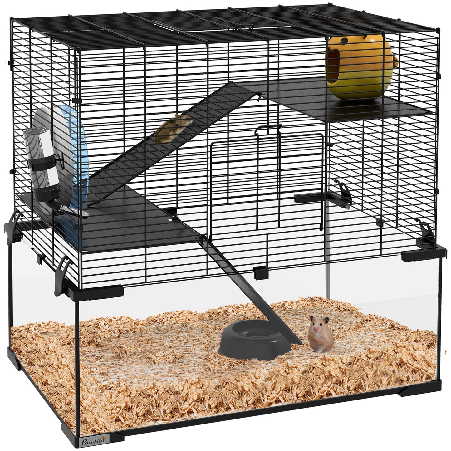 3 Tiers Hamster Cage, Gerbil Cage with Deep Glass Bottom, Non-Slip Ramps, Platforms, Hut, Exercise Wheels, Water Bottle, Dish, for Syrian Hamster, Dwarf Hamster, 60 x 40 x 57cm