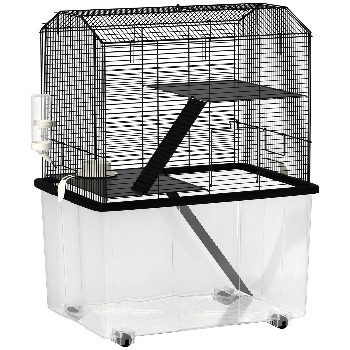 Hamster Cage, Gerbil Cage 3 Tier with Wheels, Deep Bottom, Ramps, Food Dish, Water Bottle, for Dwarf, Syrian, 57 x 43 x 74cm - Black