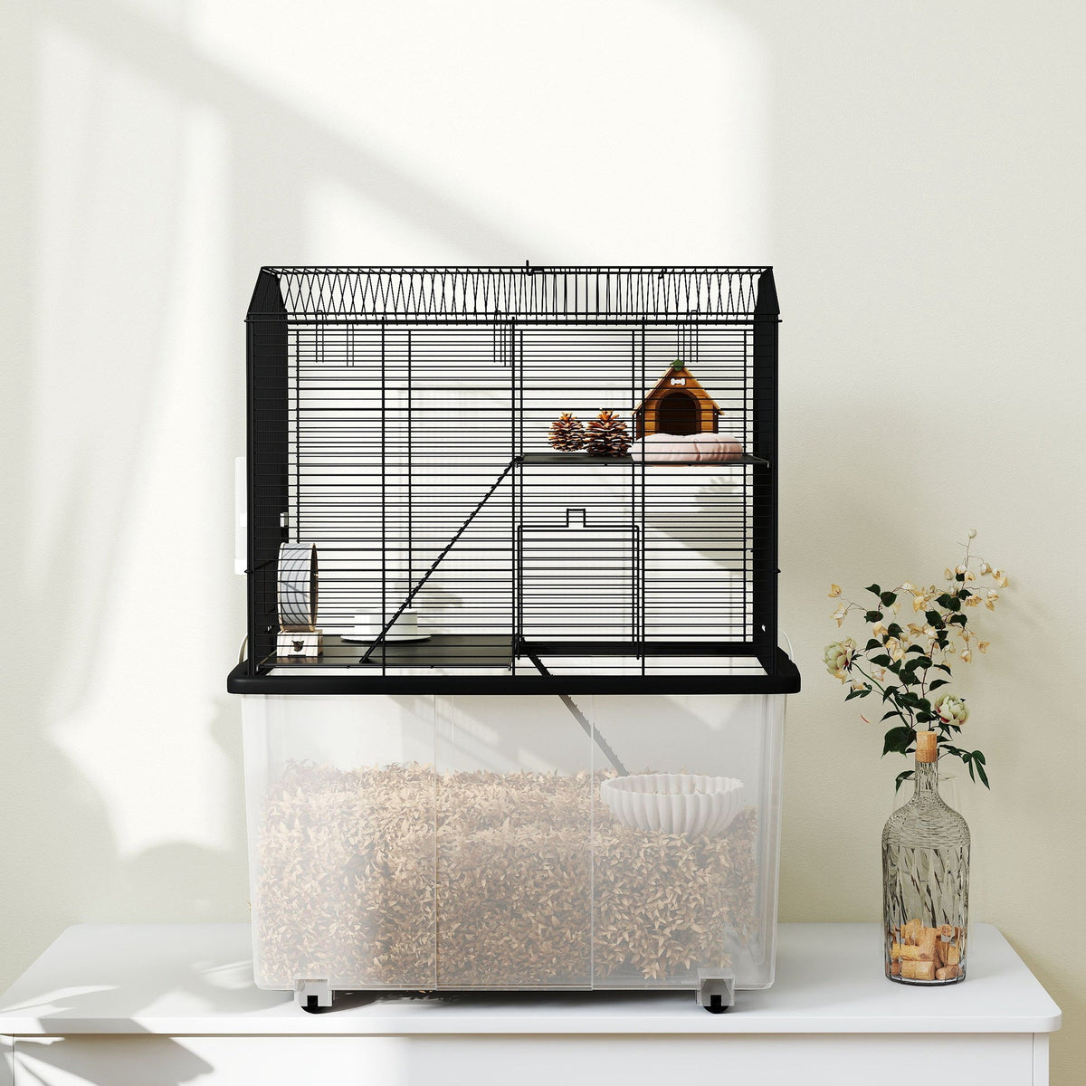 Hamster Cage, Gerbil Cage 3 Tier with Wheels, Deep Bottom, Ramps, Food Dish, Water Bottle, for Dwarf, Syrian, 57 x 43 x 74cm - Black