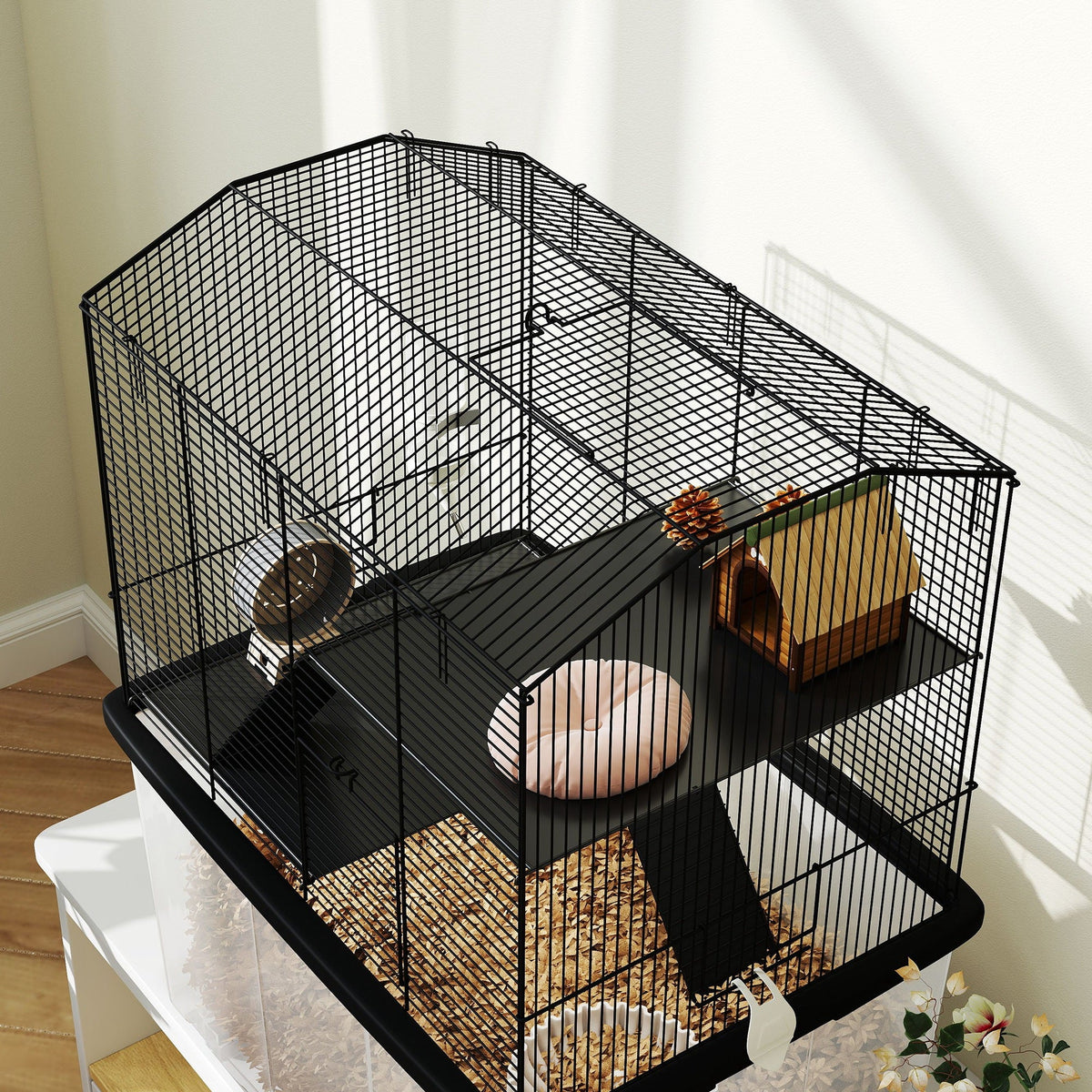 Hamster Cage, Gerbil Cage 3 Tier with Wheels, Deep Bottom, Ramps, Food Dish, Water Bottle, for Dwarf, Syrian, 57 x 43 x 74cm - Black