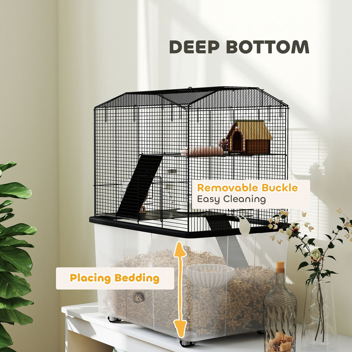 Hamster Cage, Gerbil Cage 3 Tier with Wheels, Deep Bottom, Ramps, Food Dish, Water Bottle, for Dwarf, Syrian, 57 x 43 x 74cm - Black
