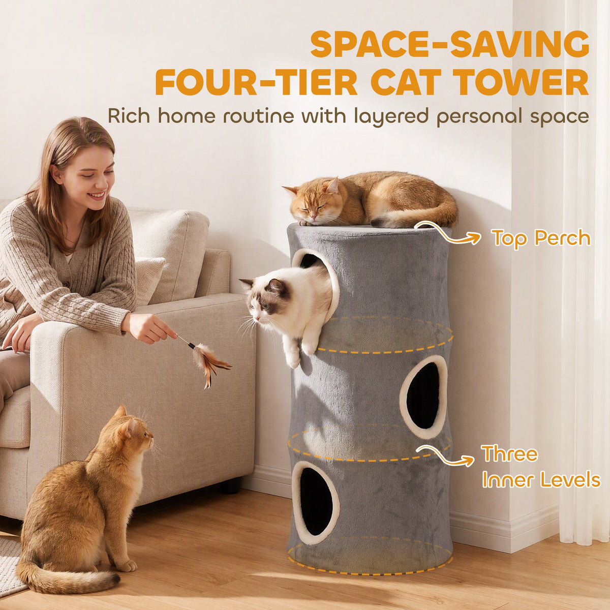 Cat House for Indoor Kittens, Cat Condo with Removable Washable Cover, Modern Barrel-Shaped Kitty Cave Bed, Stable Multi-Level Kitten Hideaway for Play & Rest, 40 x 40 x 80 cm, Grey