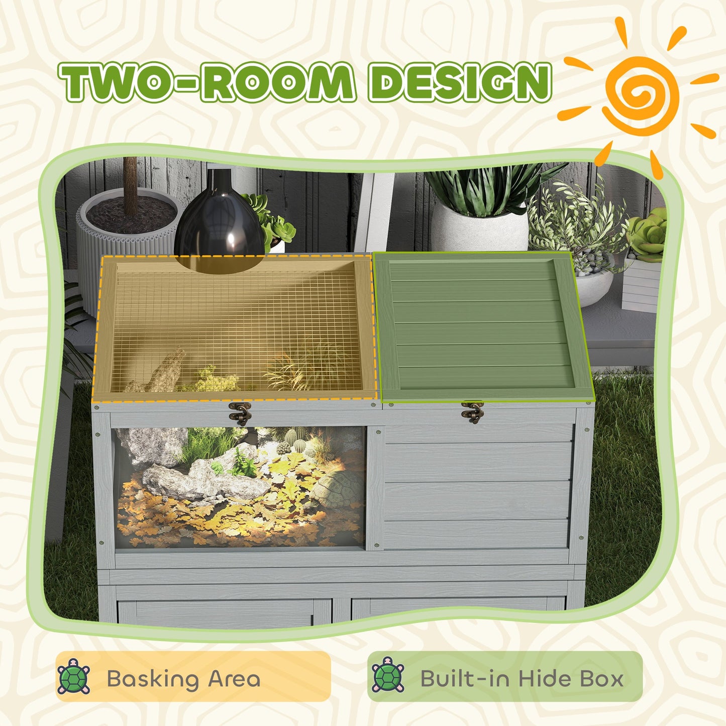 Tortoise House with Storage Cabinet, Wooden Tortoise Enclosure with Lamp Holder, Openable Top, Transparent Windows, Turtle Habitat for Indoor, Light Grey