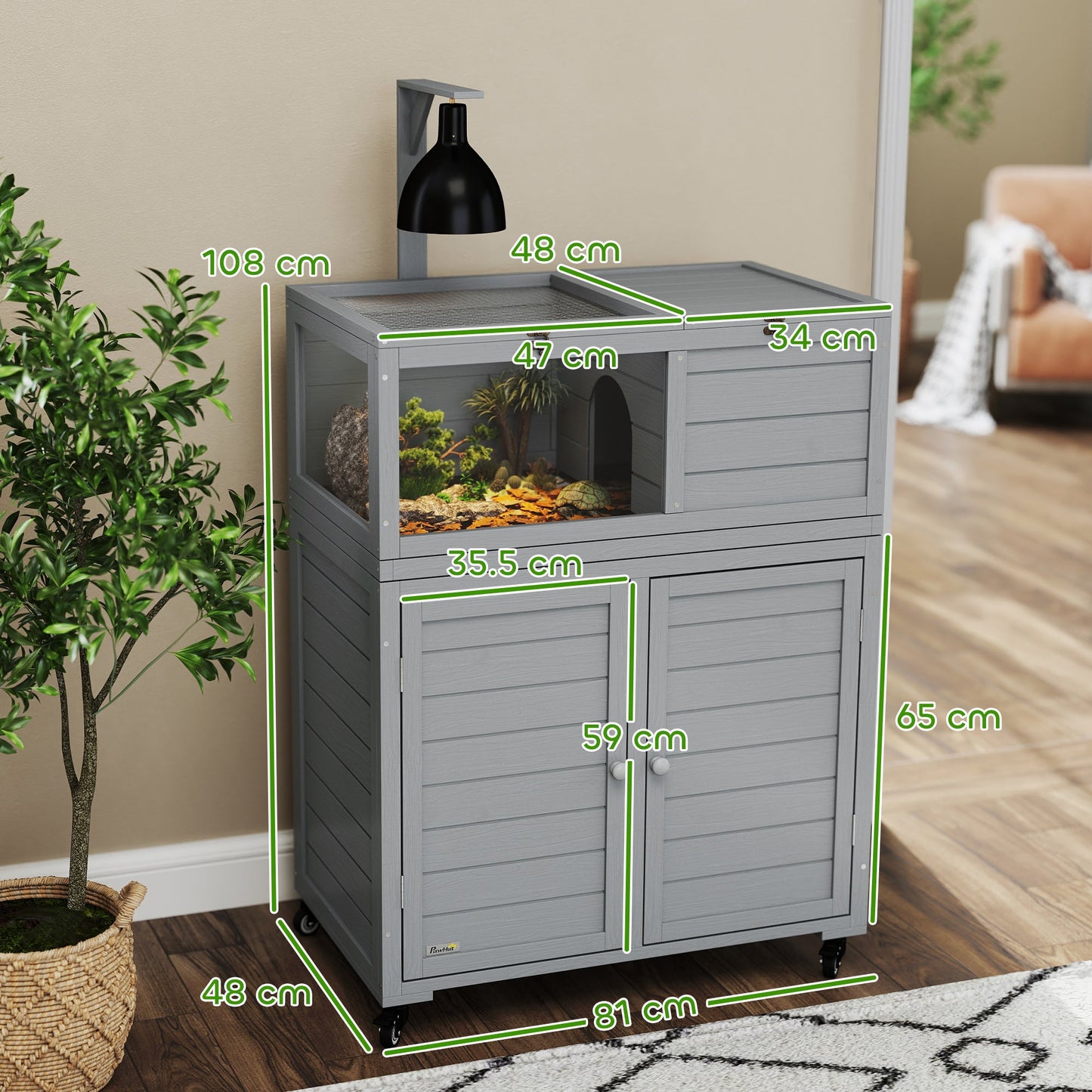 Tortoise House with Storage Cabinet, Wooden Tortoise Enclosure with Lamp Holder, Openable Top, Transparent Windows, Turtle Habitat for Indoor, Light Grey