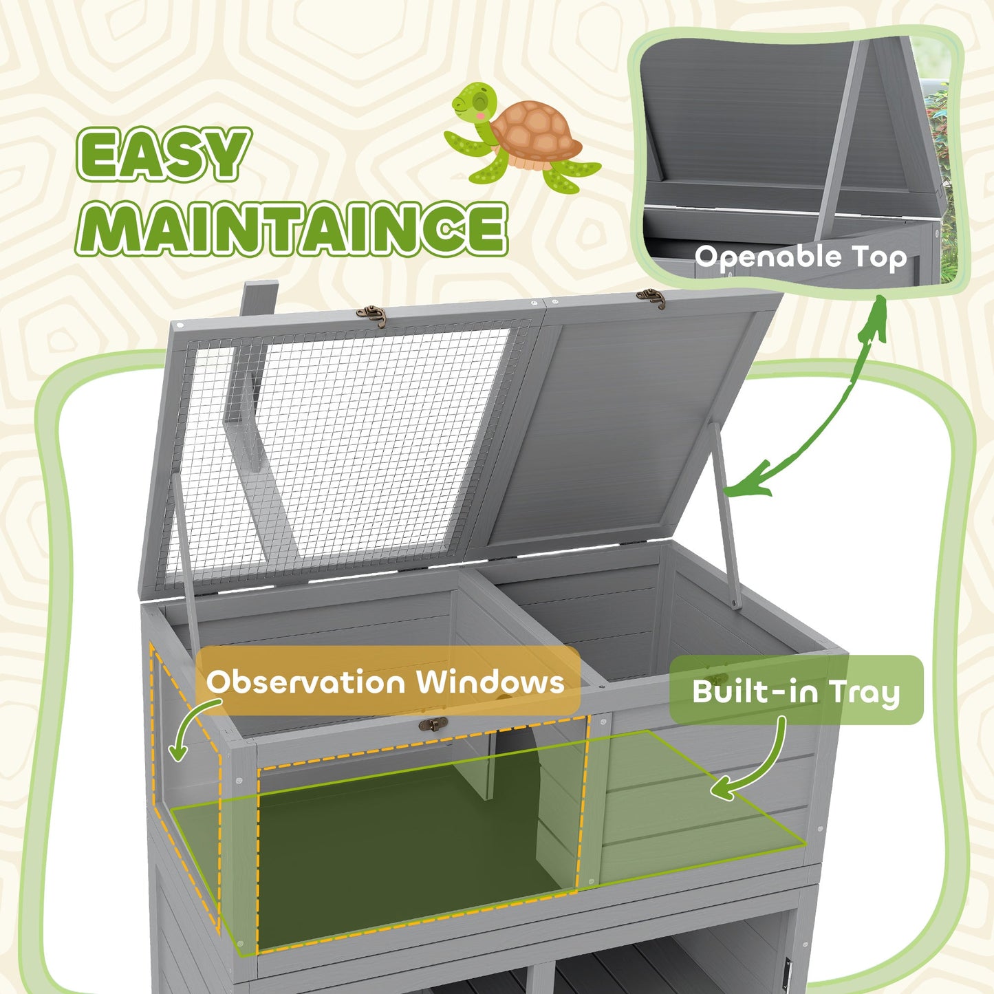 Tortoise House with Storage Cabinet, Wooden Tortoise Enclosure with Lamp Holder, Openable Top, Transparent Windows, Turtle Habitat for Indoor, Light Grey