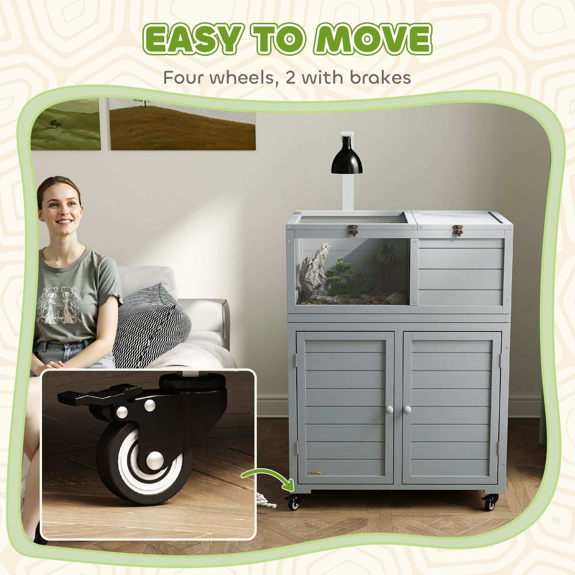 Tortoise House with Storage Cabinet, Wooden Tortoise Enclosure with Lamp Holder, Openable Top, Transparent Windows, Turtle Habitat for Indoor, Light Grey