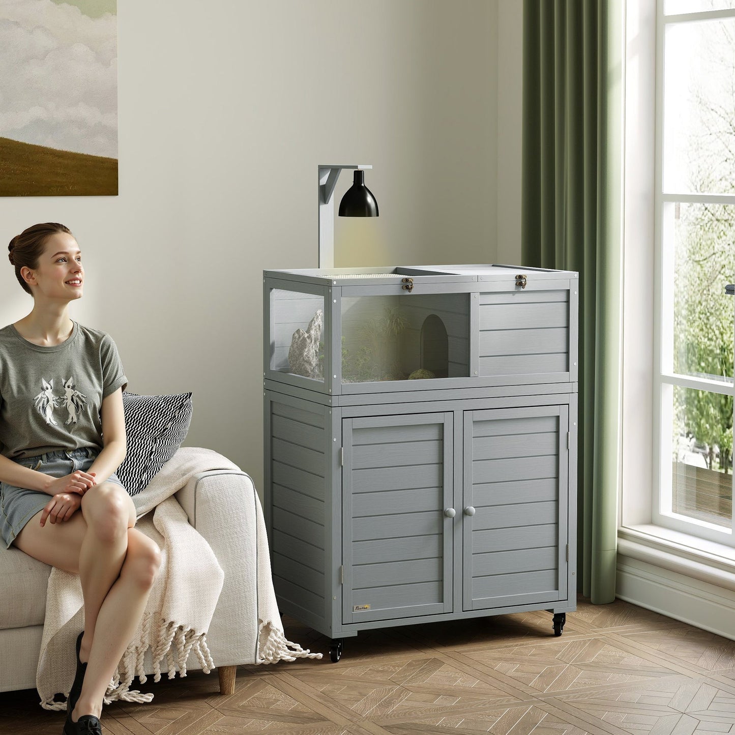 Tortoise House with Storage Cabinet, Wooden Tortoise Enclosure with Lamp Holder, Openable Top, Transparent Windows, Turtle Habitat for Indoor, Light Grey