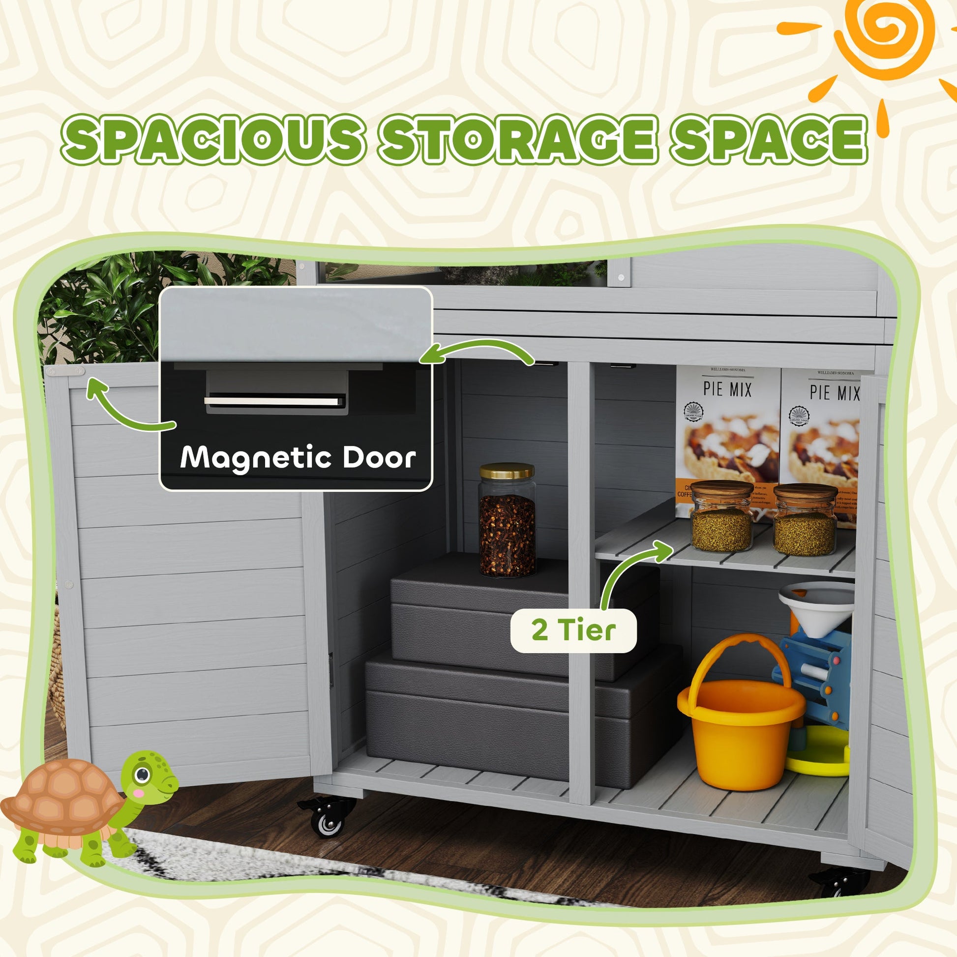 Tortoise House with Storage Cabinet, Wooden Tortoise Enclosure with Lamp Holder, Openable Top, Transparent Windows, Turtle Habitat for Indoor, Light Grey