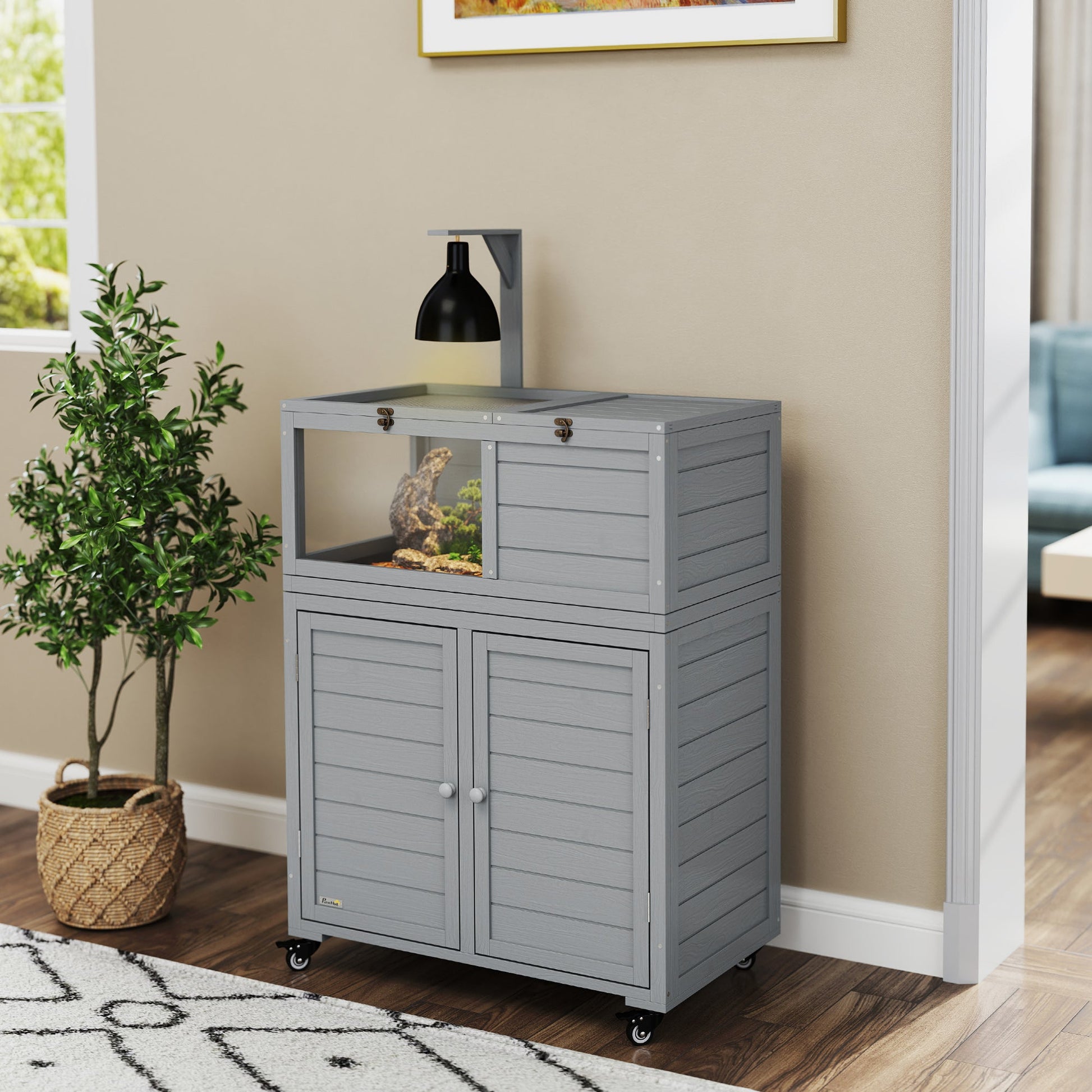 Tortoise House with Storage Cabinet, Wooden Tortoise Enclosure with Lamp Holder, Openable Top, Transparent Windows, Turtle Habitat for Indoor, Light Grey