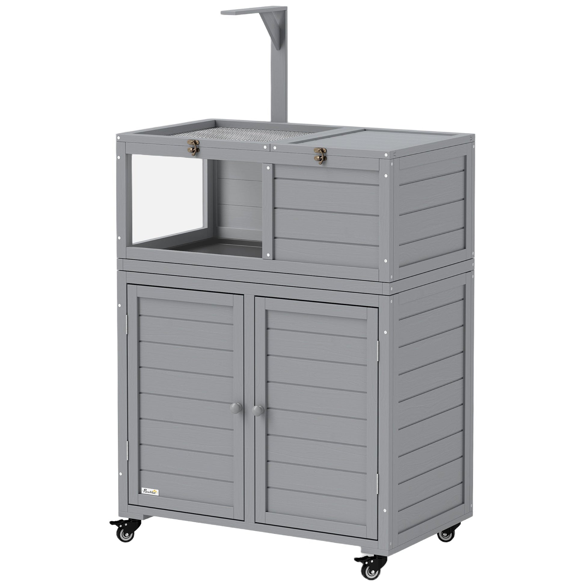 Tortoise House with Storage Cabinet, Wooden Tortoise Enclosure with Lamp Holder, Openable Top, Transparent Windows, Turtle Habitat for Indoor, Light Grey