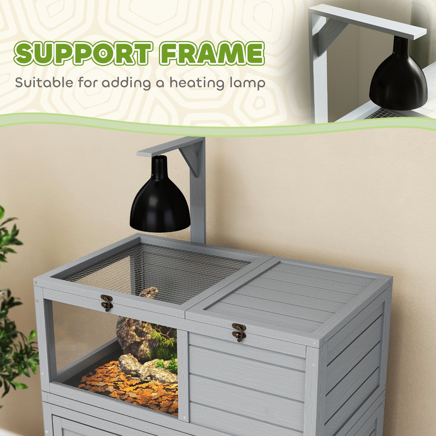 Tortoise House with Storage Cabinet, Wooden Tortoise Enclosure with Lamp Holder, Openable Top, Transparent Windows, Turtle Habitat for Indoor, Light Grey