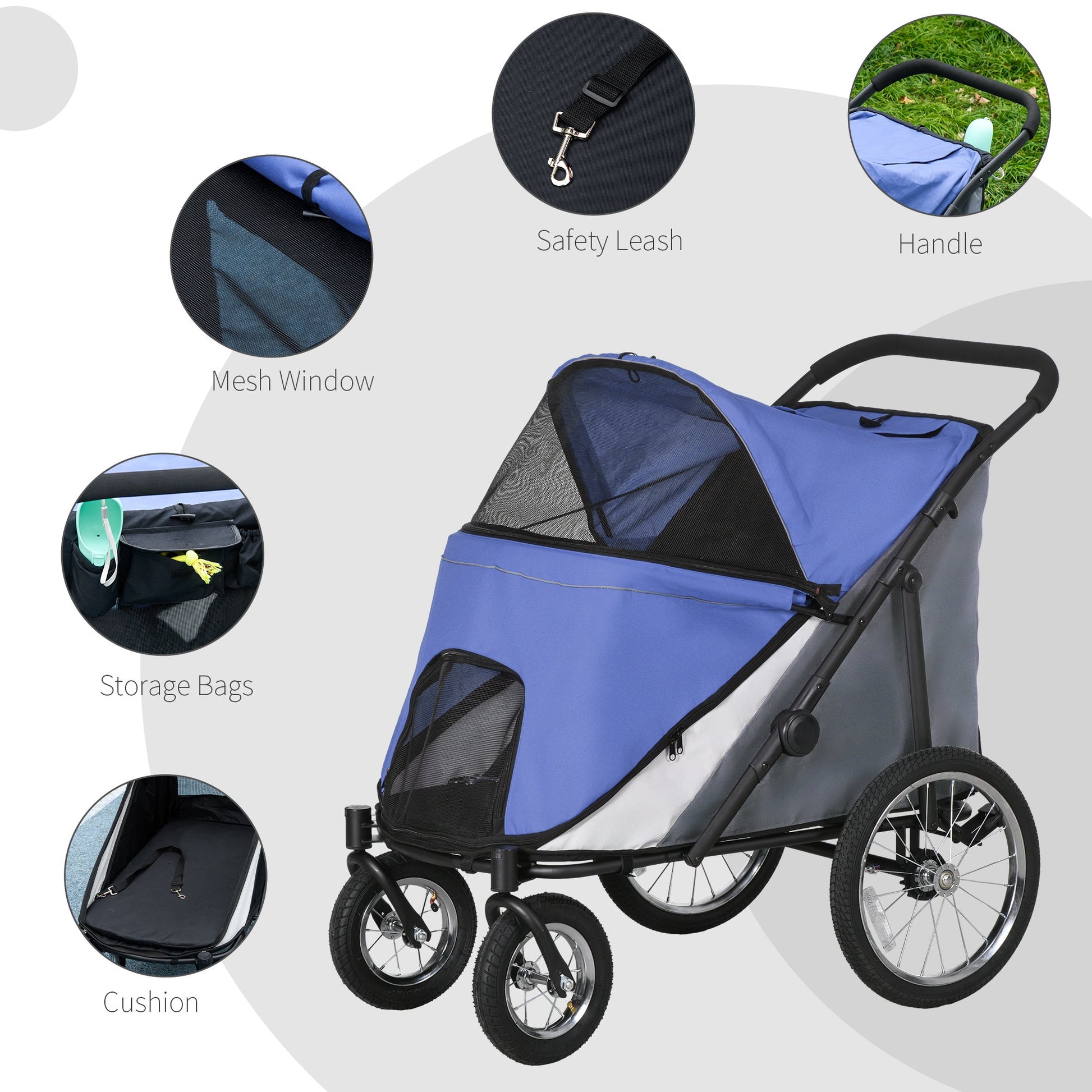 Large Dog Stroller Dog Pram Foldable Pet Pushchair with Safety Leashes for Medium, Large Dogs - Blue