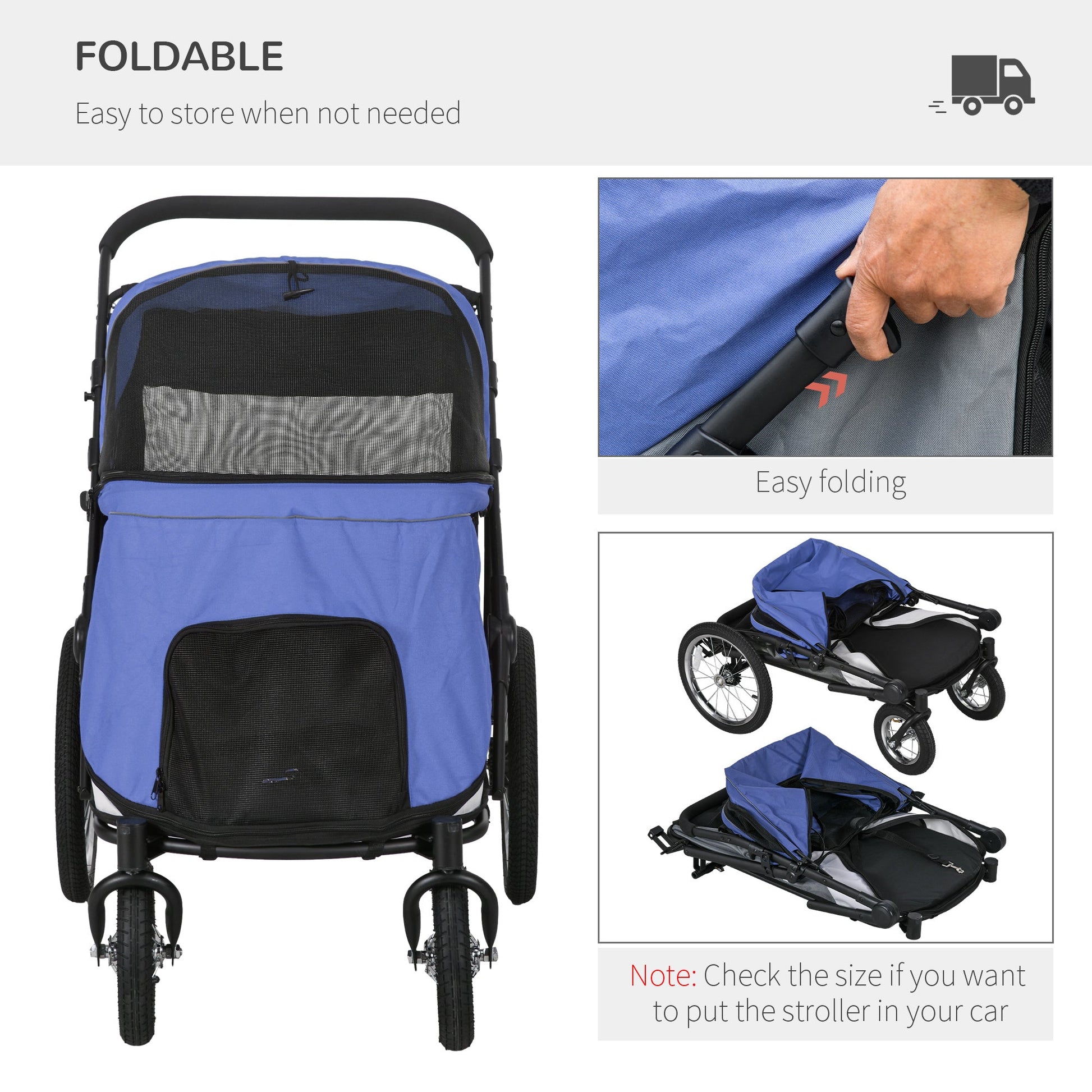 Large Dog Stroller Dog Pram Foldable Pet Pushchair with Safety Leashes for Medium, Large Dogs - Blue