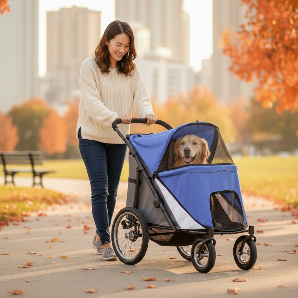 Large Dog Stroller Dog Pram Foldable Pet Pushchair with Safety Leashes for Medium, Large Dogs - Blue