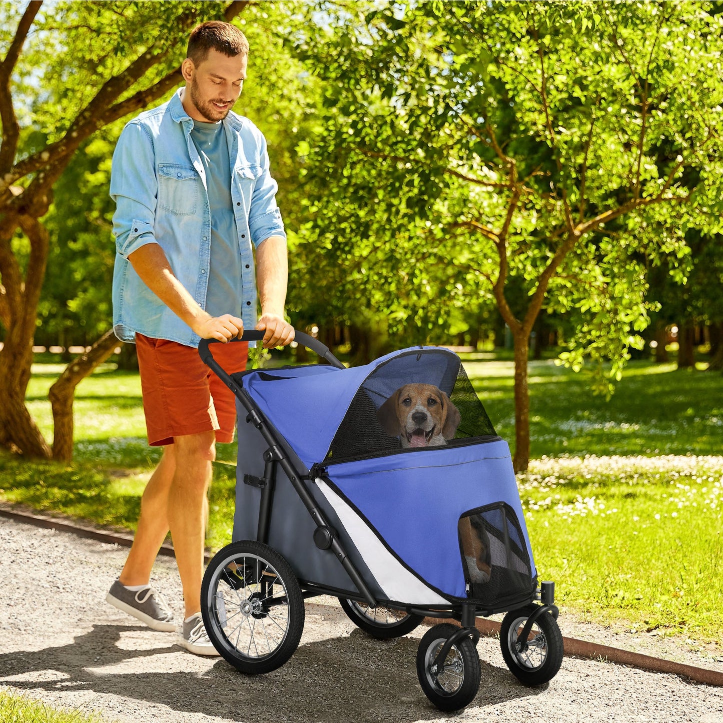Large Dog Stroller Dog Pram Foldable Pet Pushchair with Safety Leashes for Medium, Large Dogs - Blue