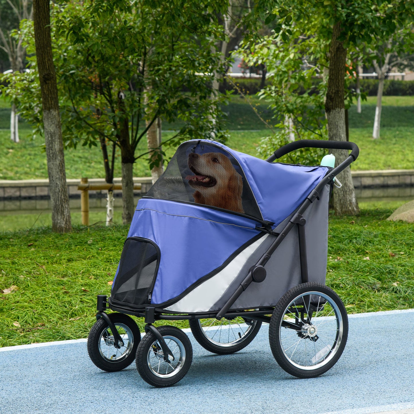 Large Dog Stroller Dog Pram Foldable Pet Pushchair with Safety Leashes for Medium, Large Dogs - Blue