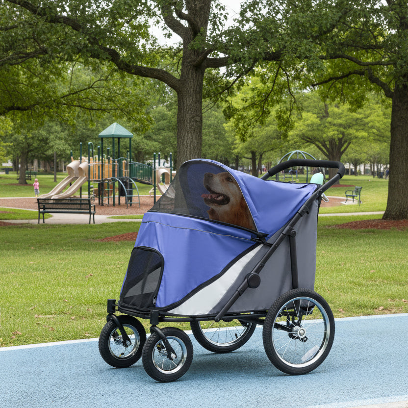 Large Dog Stroller Dog Pram Foldable Pet Pushchair with Safety Leashes for Medium, Large Dogs - Blue