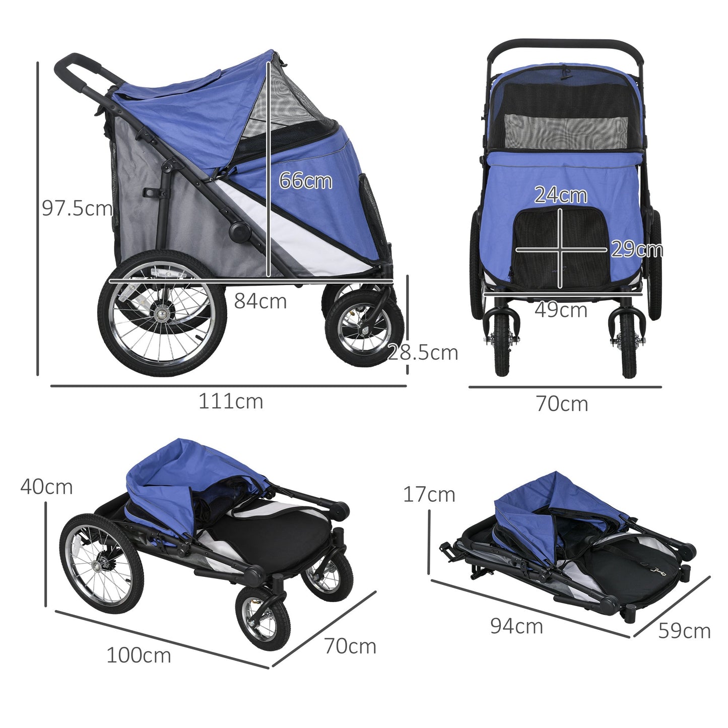 Large Dog Stroller Dog Pram Foldable Pet Pushchair with Safety Leashes for Medium, Large Dogs - Blue