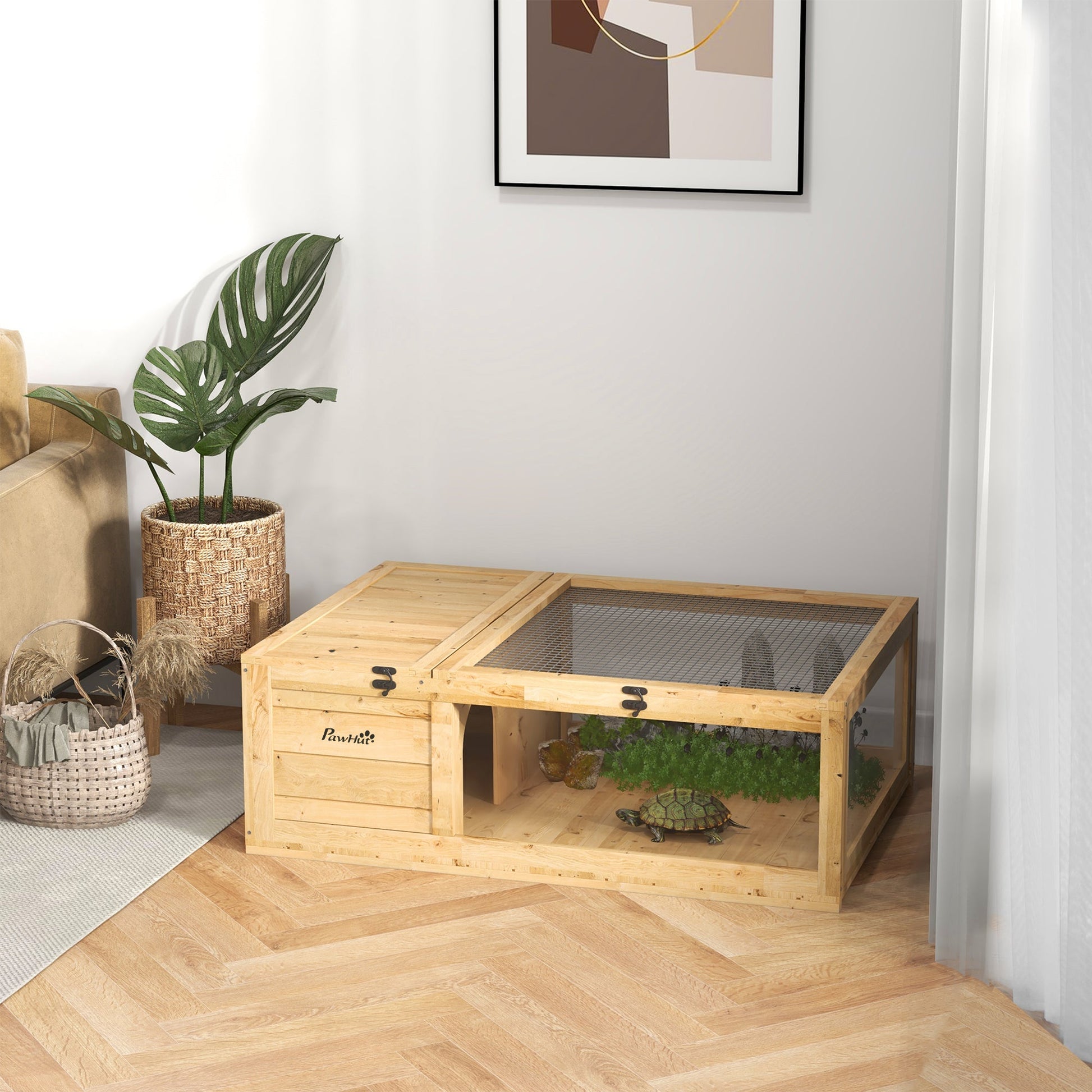 Tortoise House with Mesh Roof, Small Reptile Wooden House, Tortoise Enclosure with Removable Side Panel, for Indoor - Light Yellow