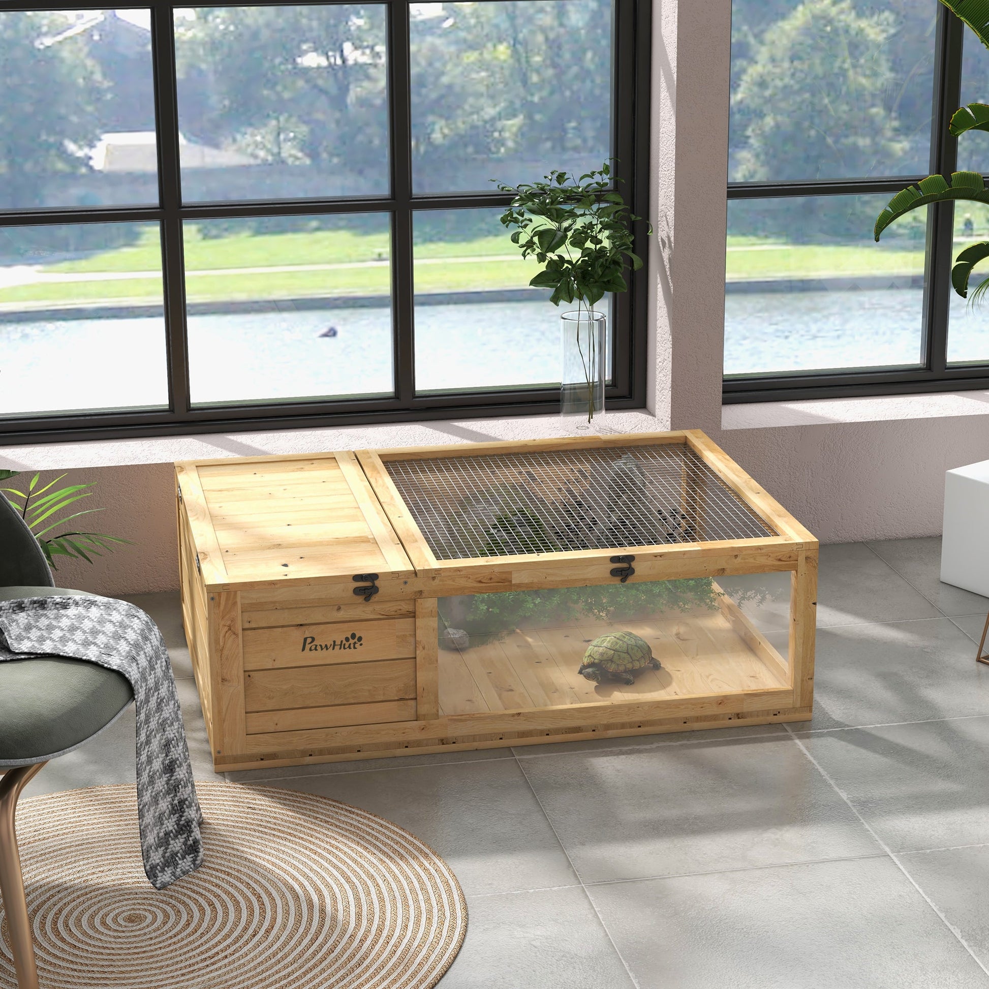 Tortoise House with Mesh Roof, Small Reptile Wooden House, Tortoise Enclosure with Removable Side Panel, for Indoor - Light Yellow