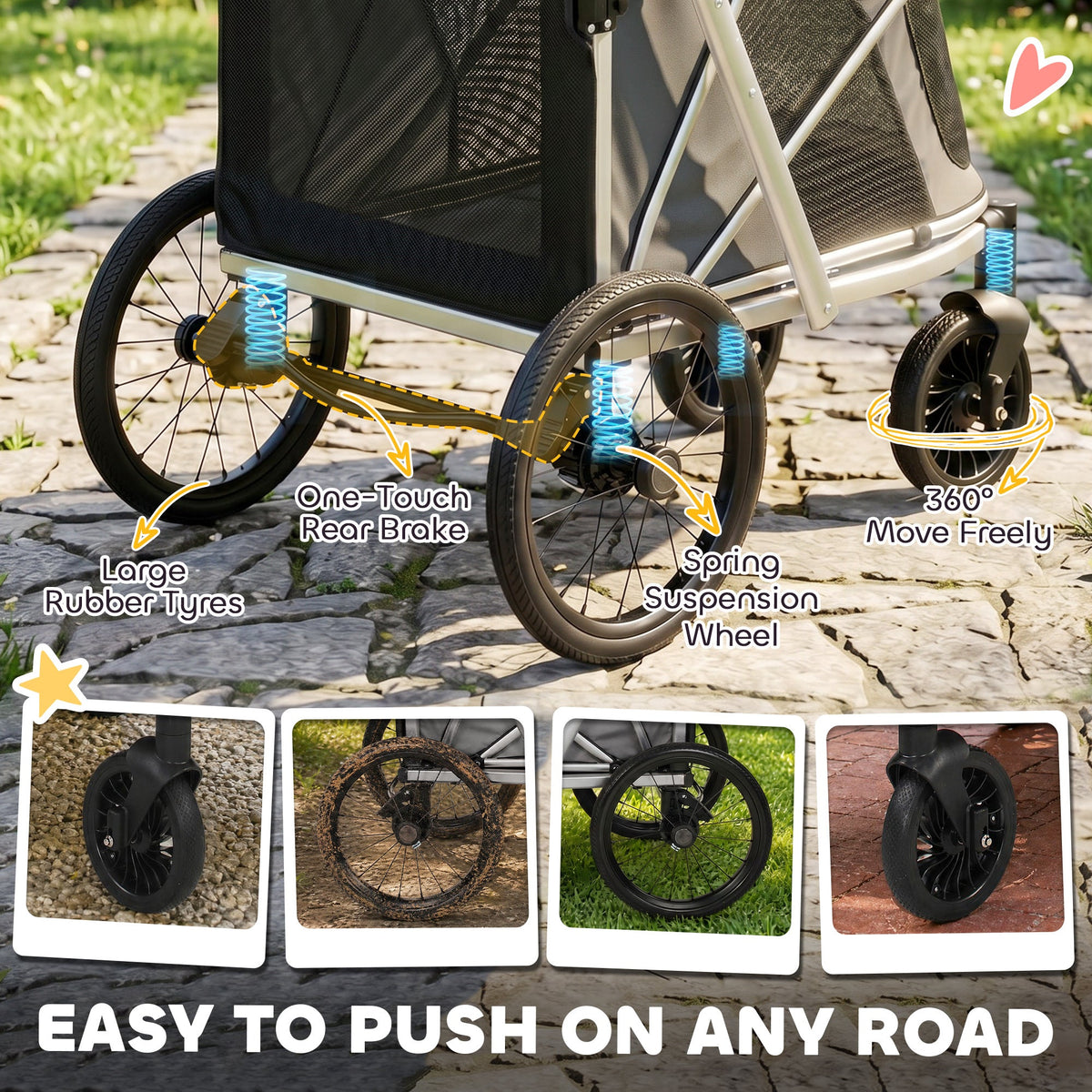 Dog Stroller, Pet Stroller for Small and Medium Dogs, Foldable Puppy Pram Pet Pushchair with 2 Big Wheels, Shock-Absorbing Frame, Seat Leashes, Brakes, Maximum Load 20 kg, Grey