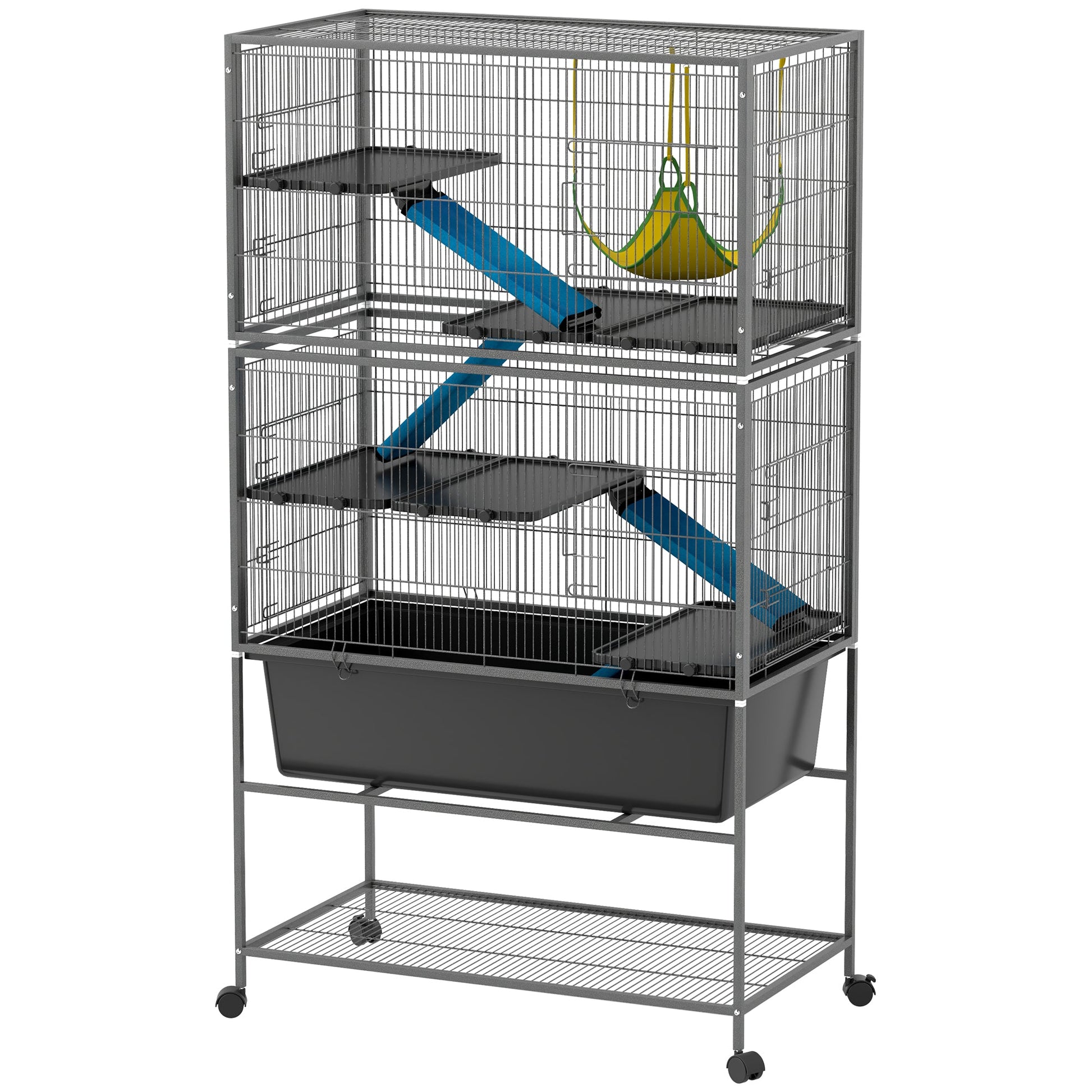5 Levels Rabbit Cage, Rolling Rat Cage with Slide Out 16cm Deep Tray, Non Slip Cloth Covered Ramps, Hammock, for Bunny, Pet Mink, Chinchillas, Squirrel, 88 x 48 x 150.5cm, Dark Grey