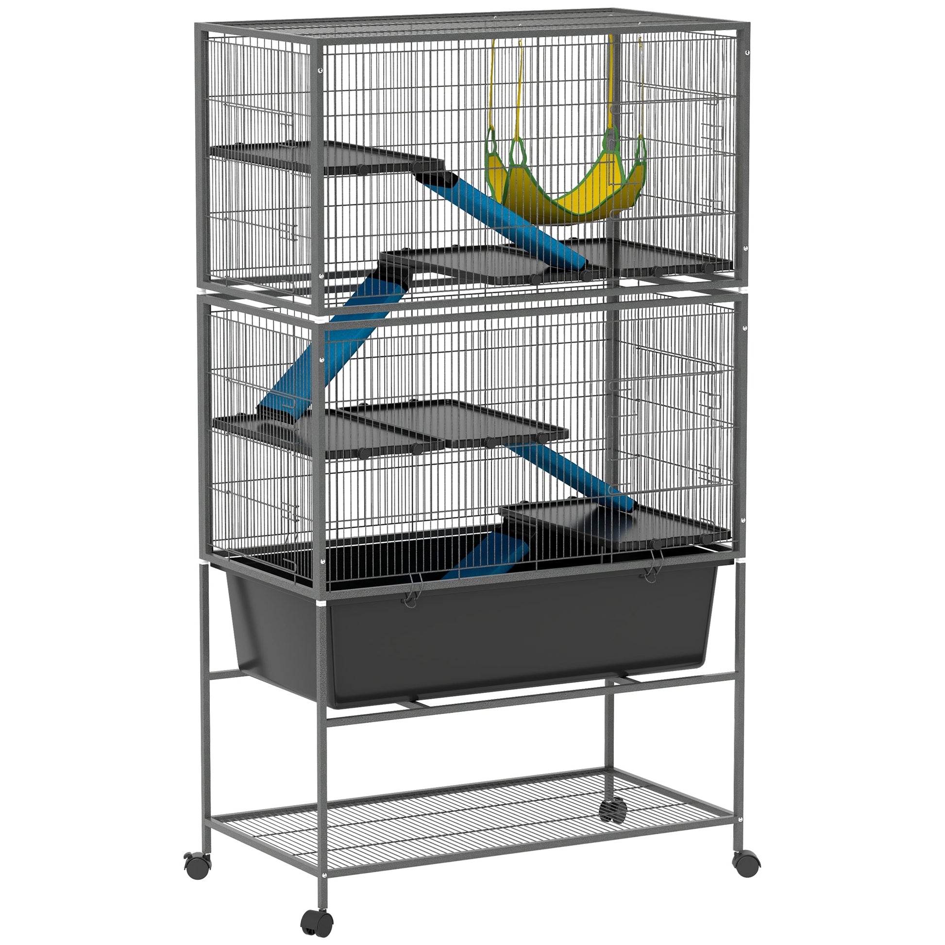5 Levels Rabbit Cage, Rolling Rat Cage with Slide Out 16cm Deep Tray, Non Slip Cloth Covered Ramps, Hammock, for Bunny, Pet Mink, Chinchillas, Squirrel, 88 x 48 x 150.5cm, Dark Grey