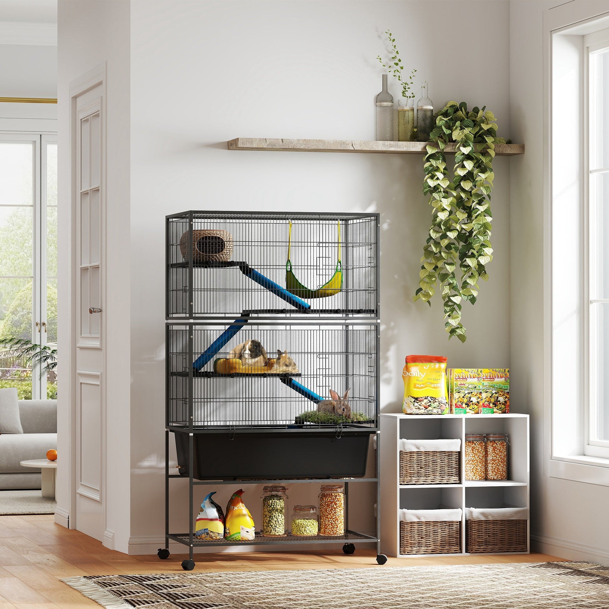 5 Levels Rabbit Cage, Rolling Rat Cage with Slide Out 16cm Deep Tray, Non Slip Cloth Covered Ramps, Hammock, for Bunny, Pet Mink, Chinchillas, Squirrel, 88 x 48 x 150.5cm, Dark Grey