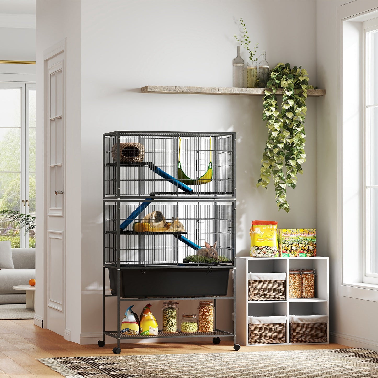 5 Levels Rabbit Cage, Rolling Rat Cage with Slide Out 16cm Deep Tray, Non Slip Cloth Covered Ramps, Hammock, for Bunny, Pet Mink, Chinchillas, Squirrel, 88 x 48 x 150.5cm, Dark Grey