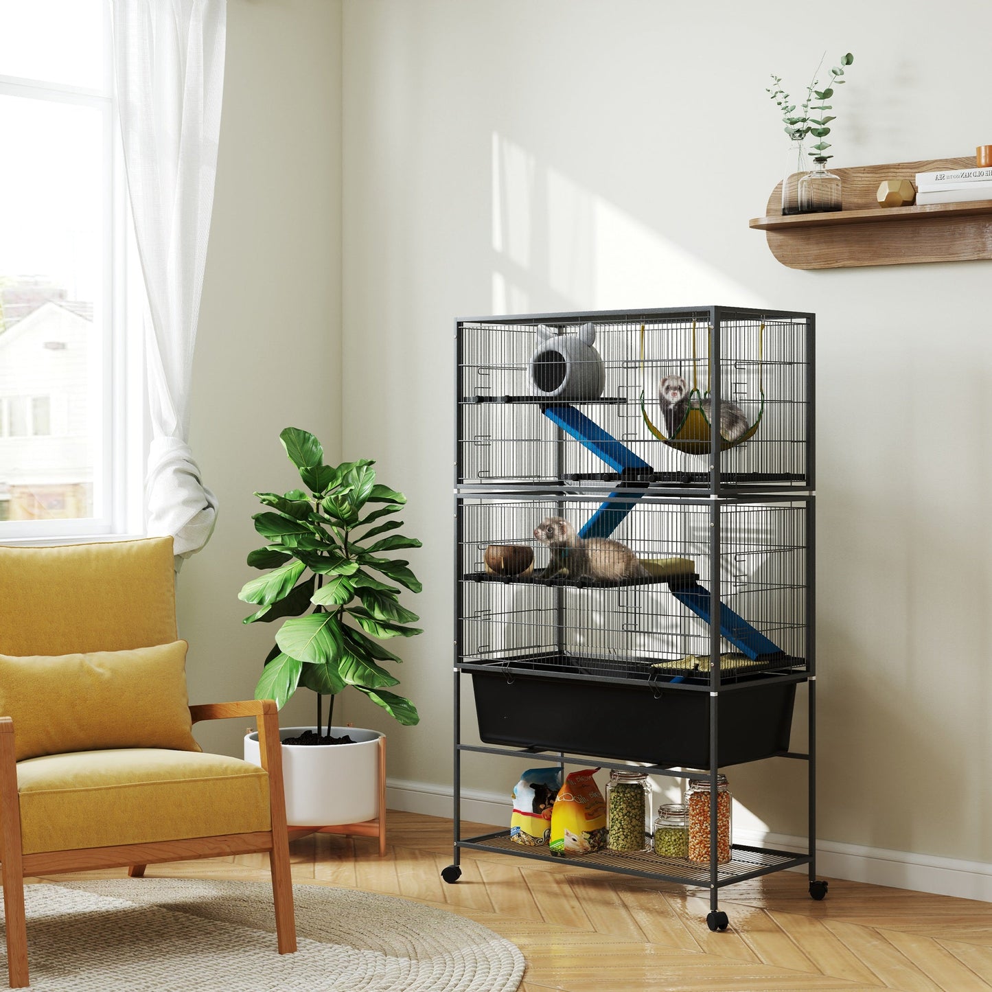 5 Levels Rabbit Cage, Rolling Rat Cage with Slide Out 16cm Deep Tray, Non Slip Cloth Covered Ramps, Hammock, for Bunny, Pet Mink, Chinchillas, Squirrel, 88 x 48 x 150.5cm, Dark Grey