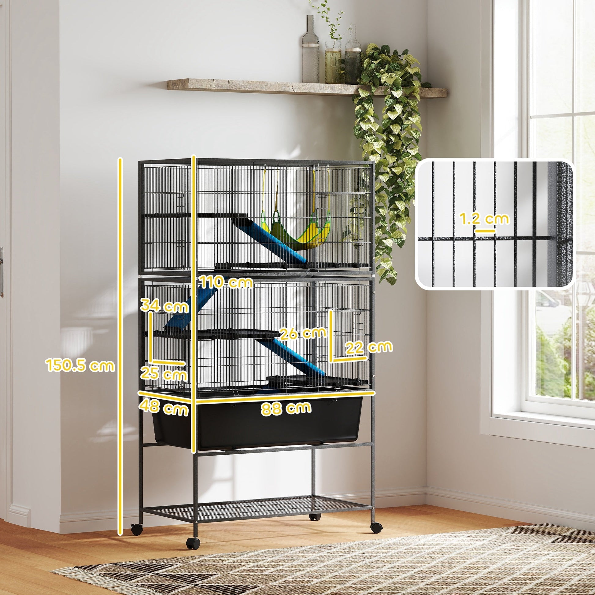 5 Levels Rabbit Cage, Rolling Rat Cage with Slide Out 16cm Deep Tray, Non Slip Cloth Covered Ramps, Hammock, for Bunny, Pet Mink, Chinchillas, Squirrel, 88 x 48 x 150.5cm, Dark Grey