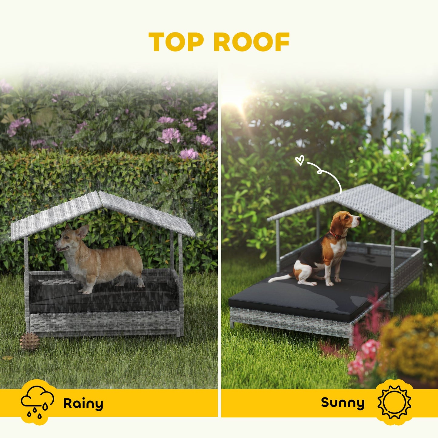 Rattan Dog House, Extendable Outdoor Wicker Dog Bed w/ Water-Resistant Roof, Removable Cushion, for Small and Medium Dogs - Charcoal Grey