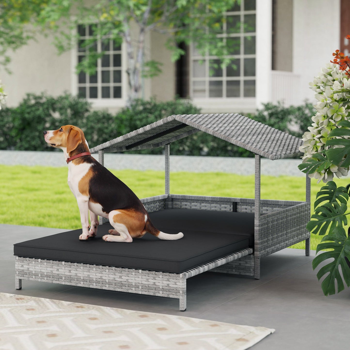 Rattan Dog House, Extendable Outdoor Wicker Dog Bed w/ Water-Resistant Roof, Removable Cushion, for Small and Medium Dogs - Charcoal Grey