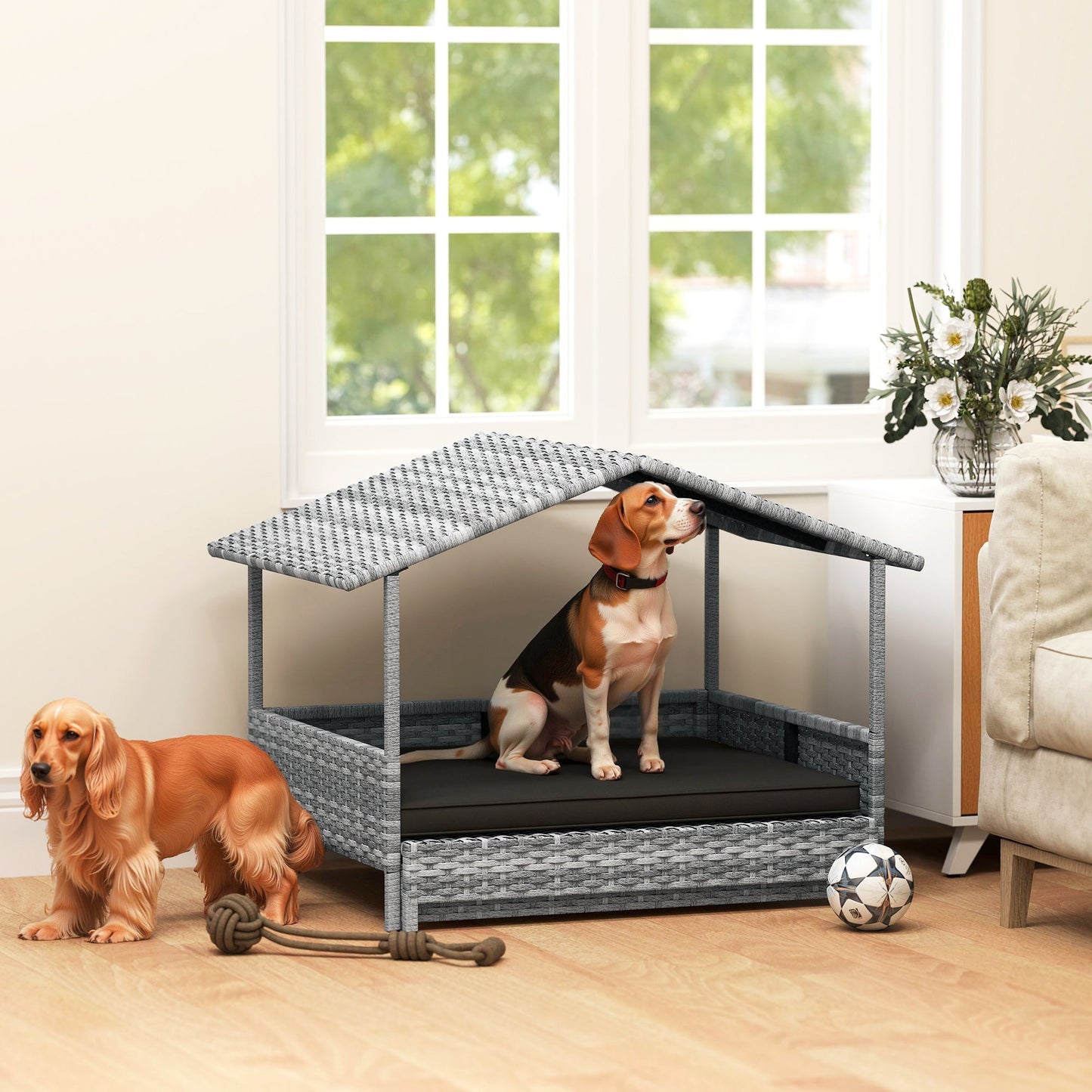 Rattan Dog House, Extendable Outdoor Wicker Dog Bed w/ Water-Resistant Roof, Removable Cushion, for Small and Medium Dogs - Charcoal Grey
